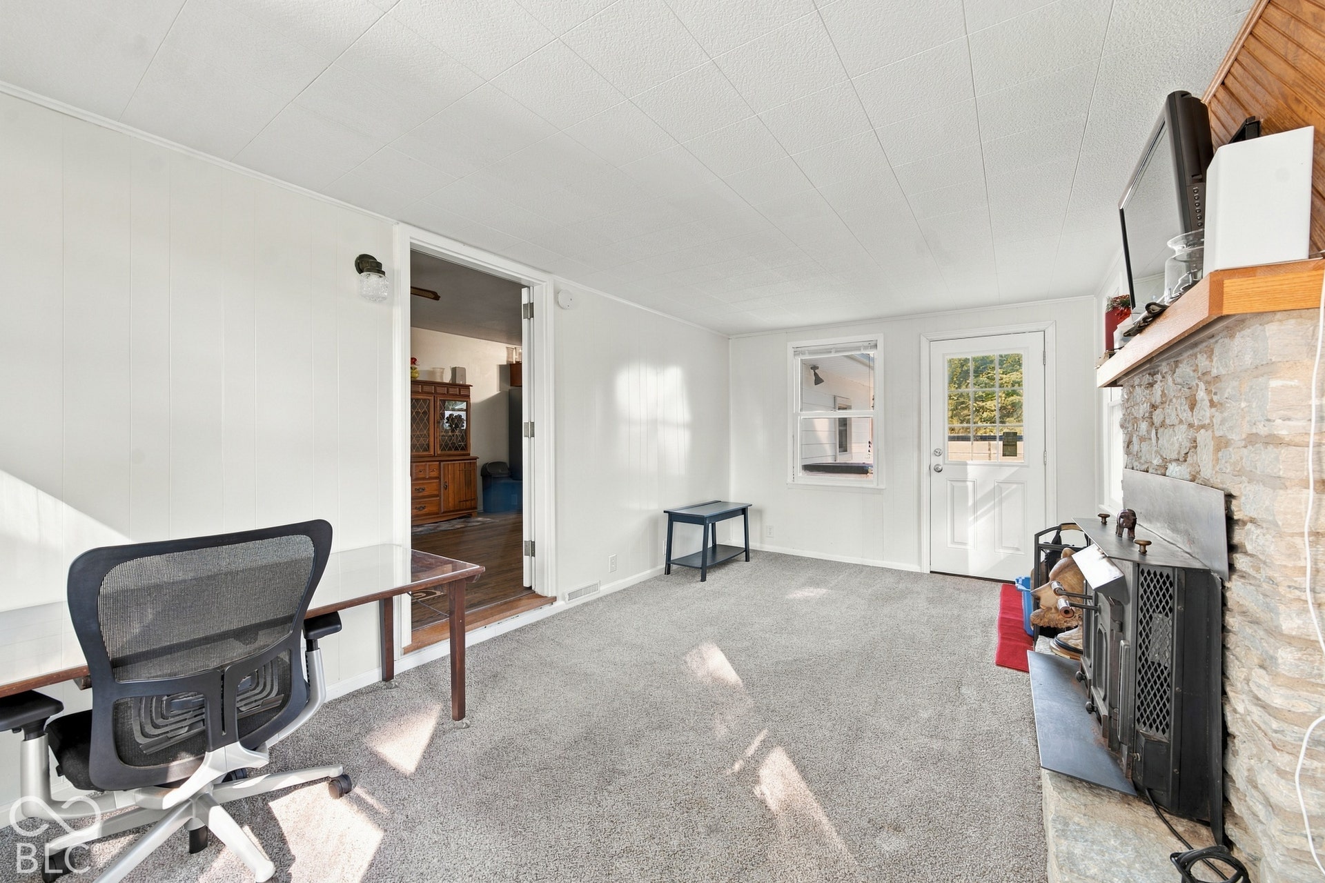 Carpeted room featuring a stone-clad fireplace with wood stove insert, white paneled walls, and a white paneled ceiling