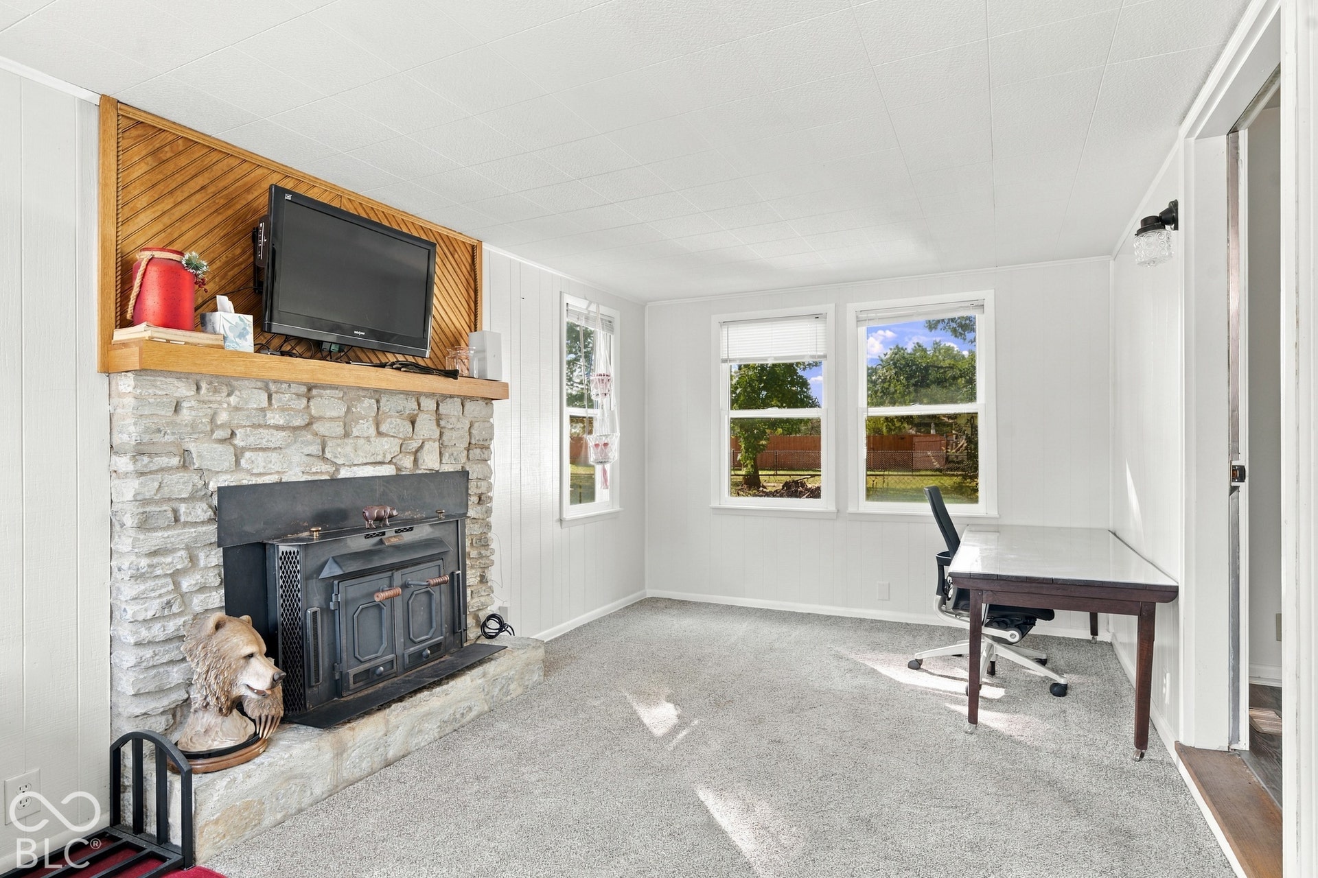 Stone-clad fireplace with a wood-burning insert