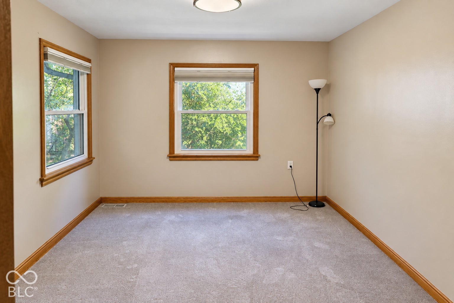 3566 Watson Road, Indianapolis, IN 46205 Neutral wall color, carpet flooring, and two windows with wood-finish trim