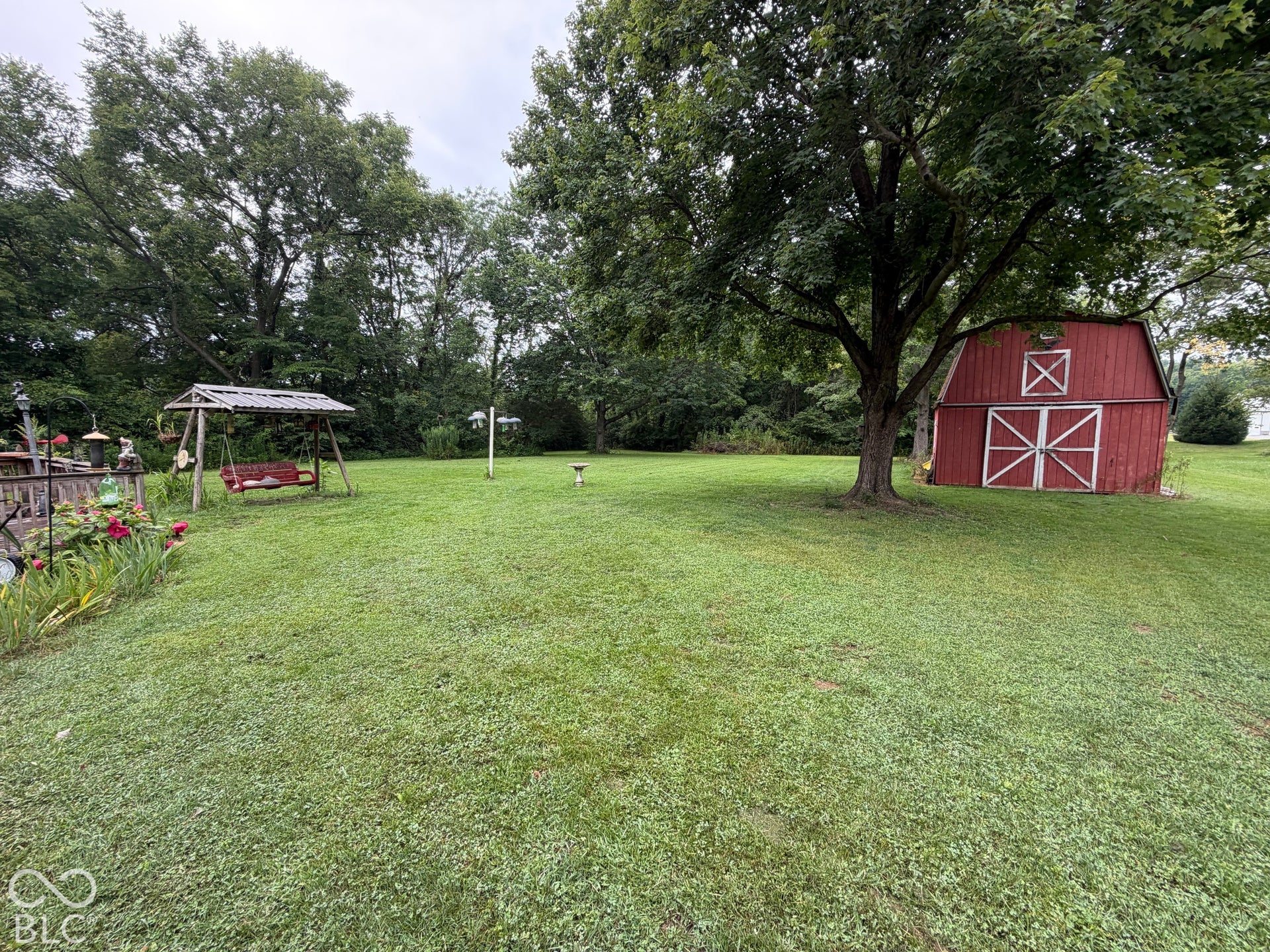 Expansive green lawn with mature trees and a red barn-style shed