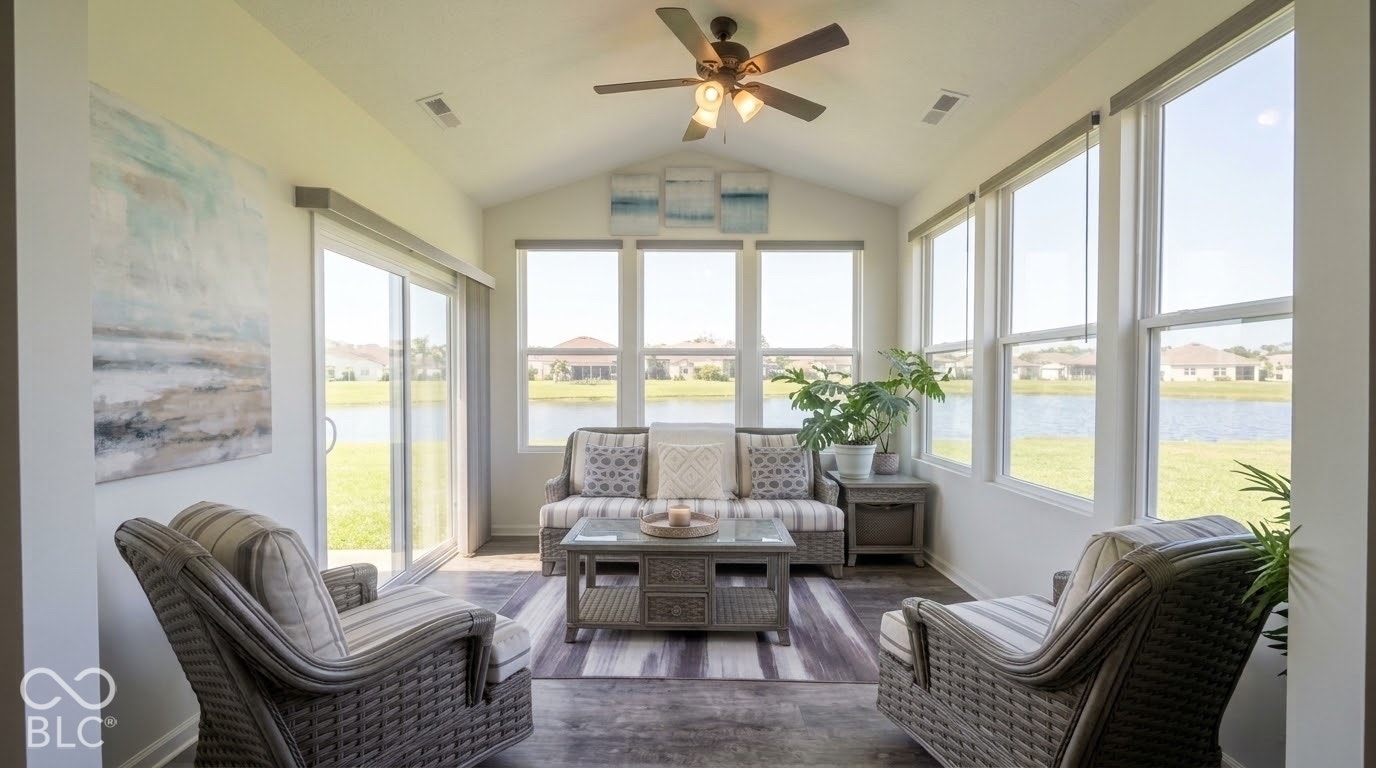 Vaulted ceiling sunroom with multiple windows, glass sliding door, and wood-finish flooring