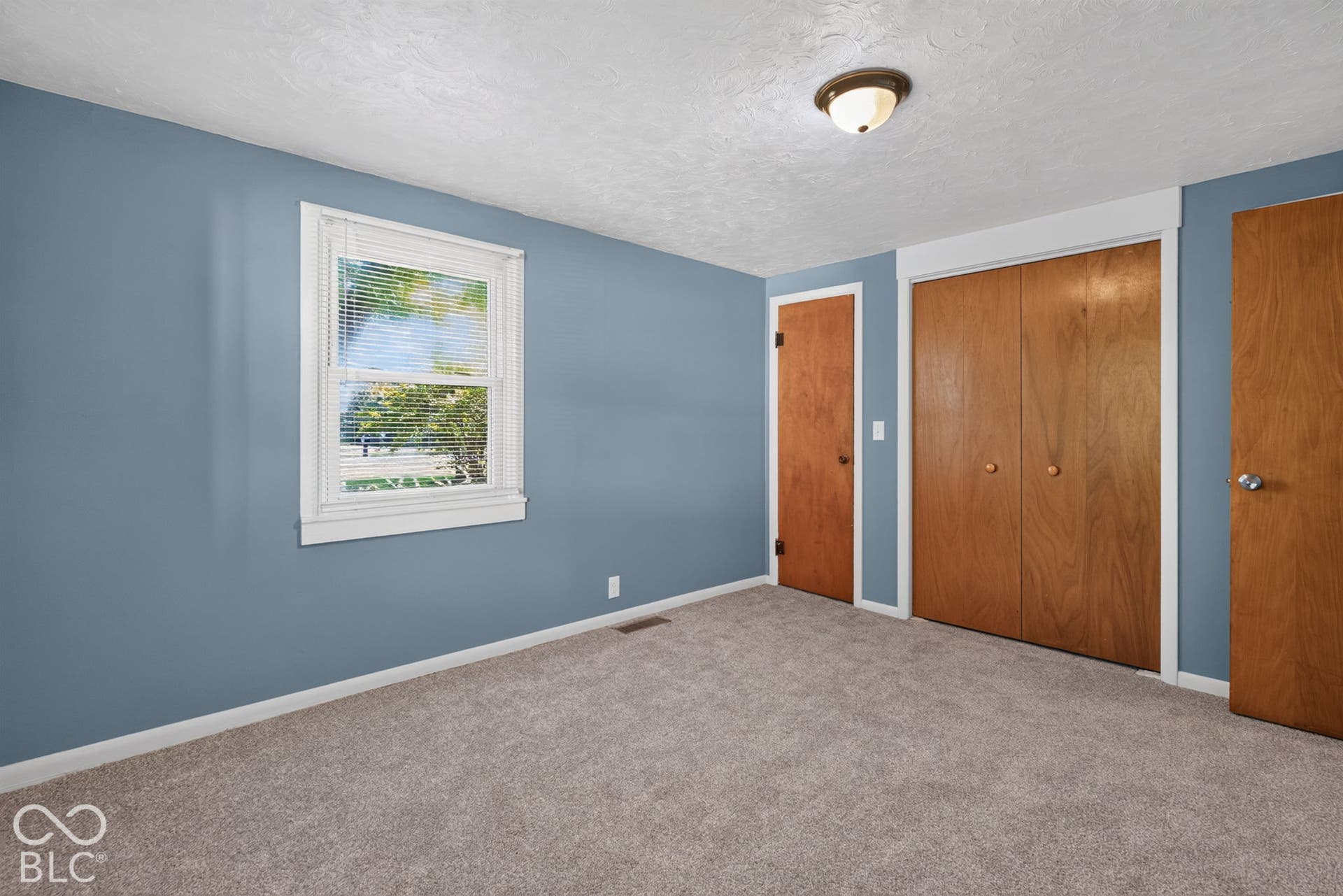Carpeted room with blue painted walls, a single window with blinds, and multiple wood-panel doors