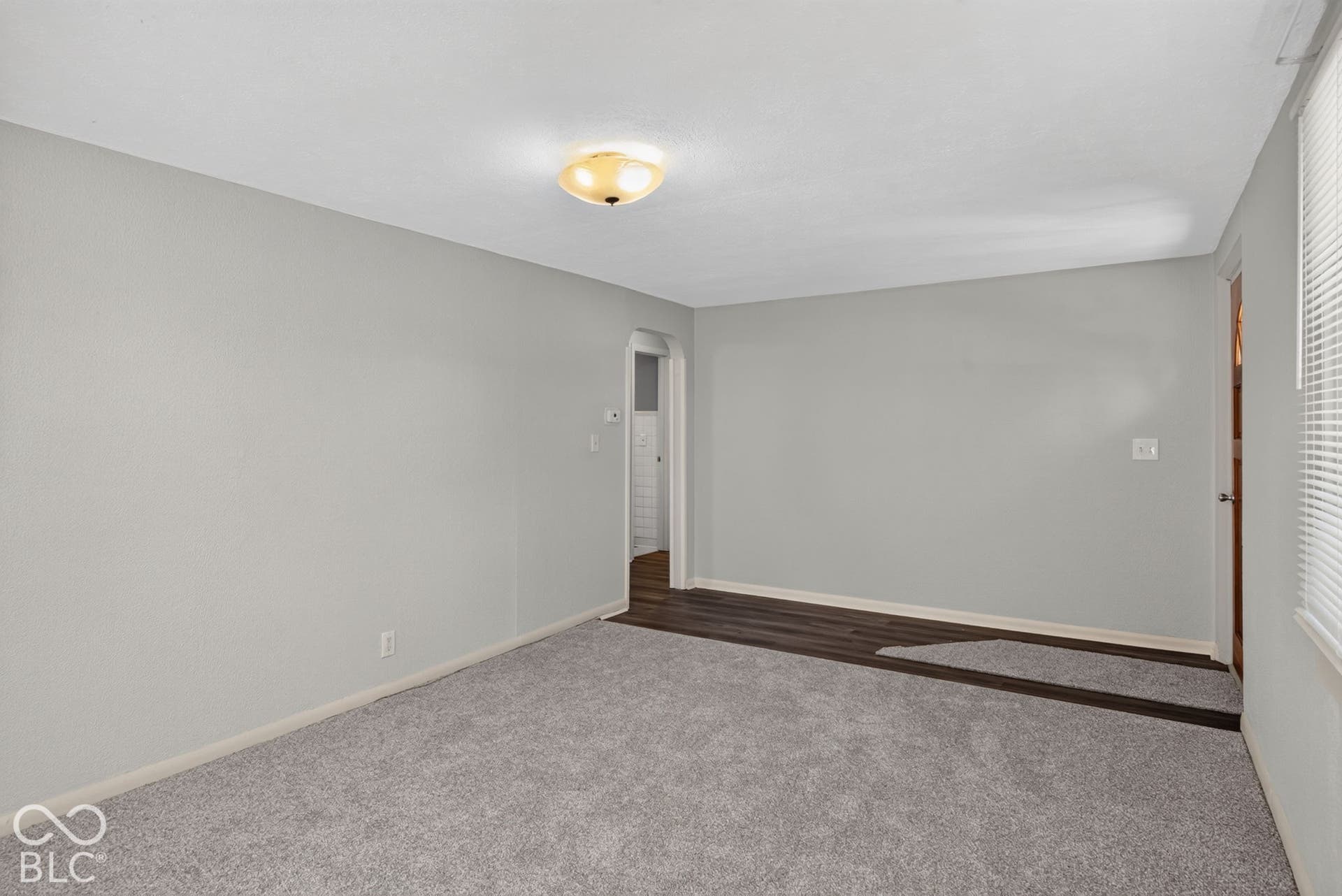 Wall-to-wall carpeting, wood-finish flooring, flush mount ceiling light, and vertical blinds