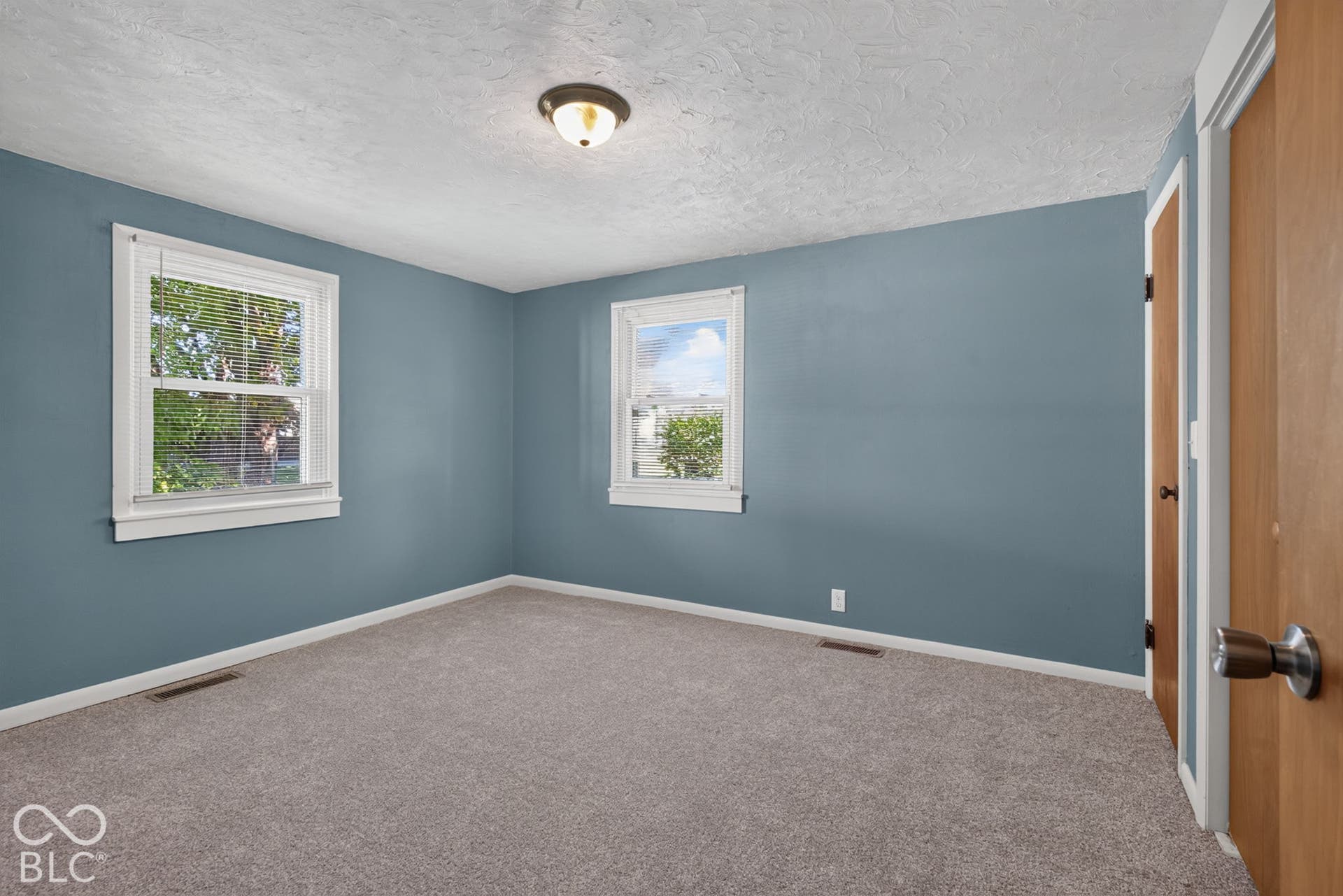 Spacious room with gray carpet, two windows, wood-finish door, and a flush mount light fixture