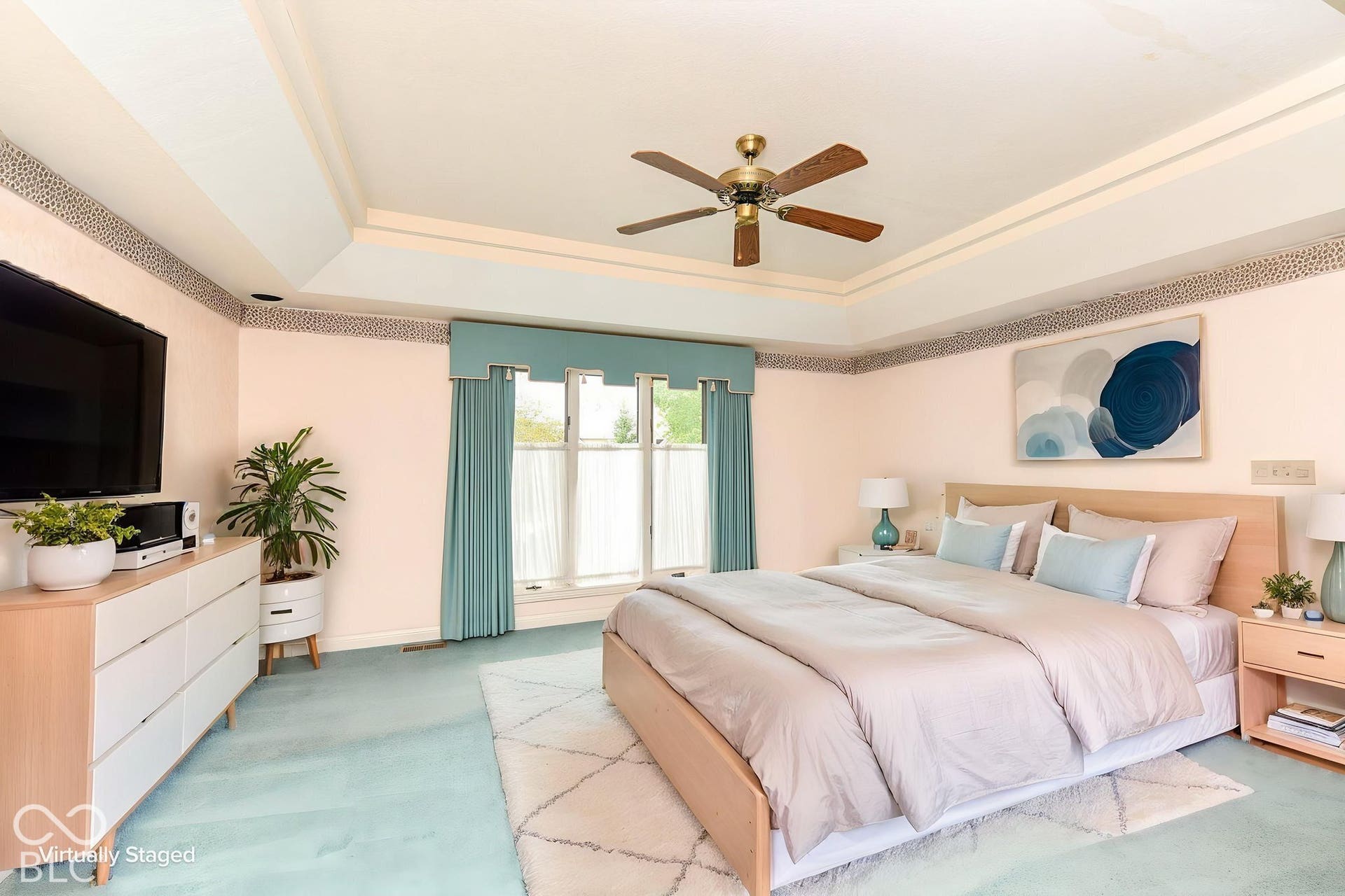 6431 Shamel Drive, Indianapolis, IN 46278 Virtually Altered - Main floor Primary Bedroom. Tray ceiling with recessed lighting, ceiling fan and a large window with valance