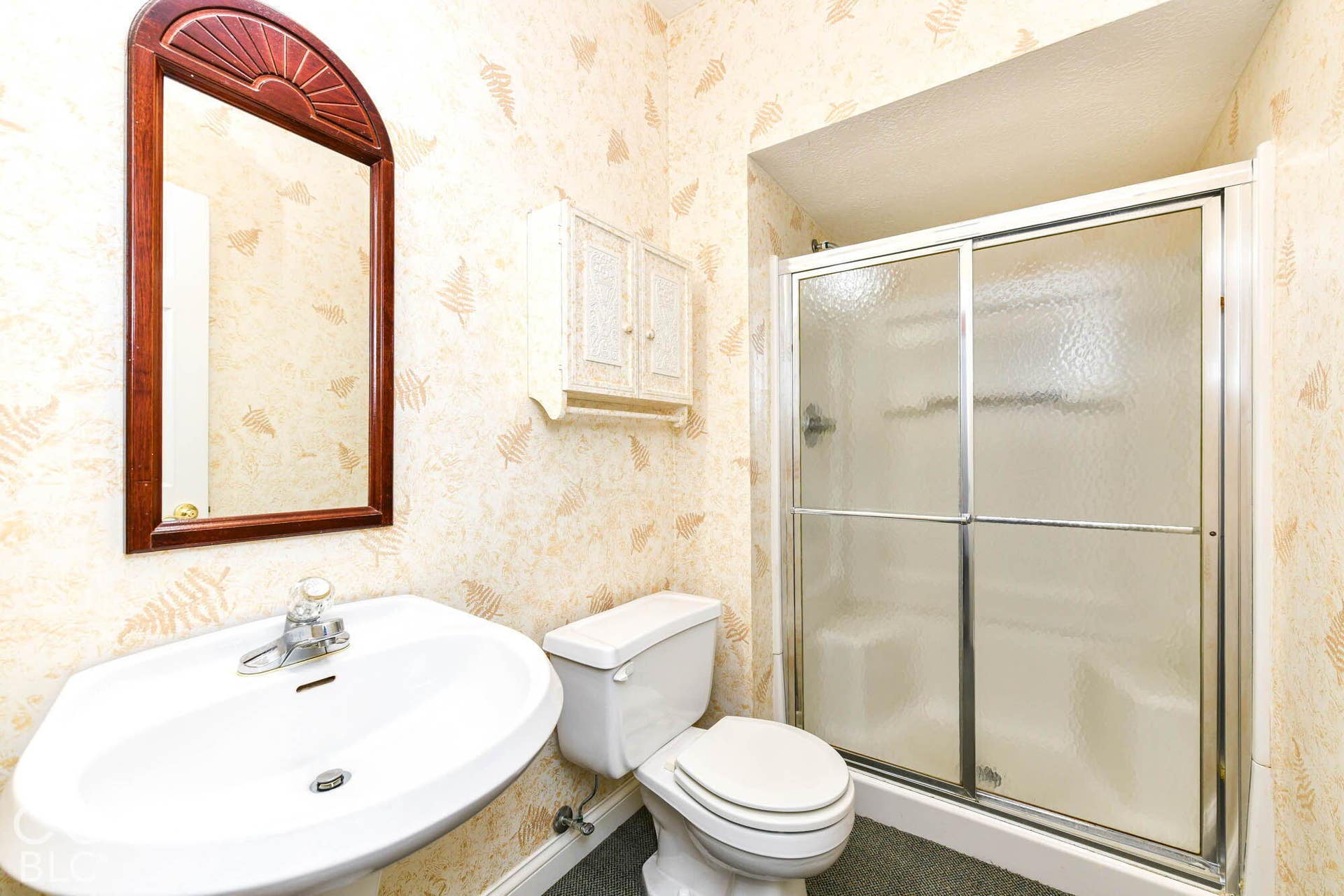6431 Shamel Drive, Indianapolis, IN 46278 Basement Full Bathroom. Pedestal sink with chrome faucet, wood-framed mirror, wall-mounted storage cabinet, and a shower with sliding glass doors