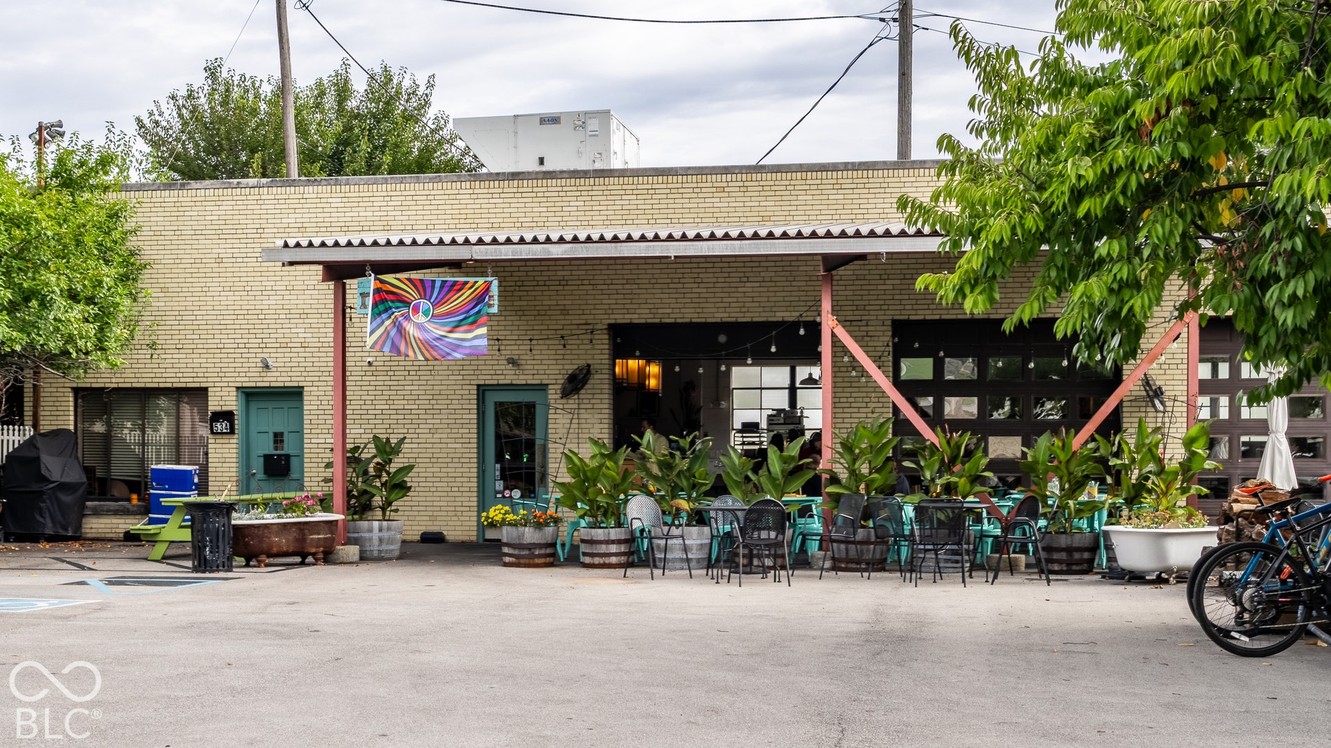 Light brick exterior with a corrugated awning