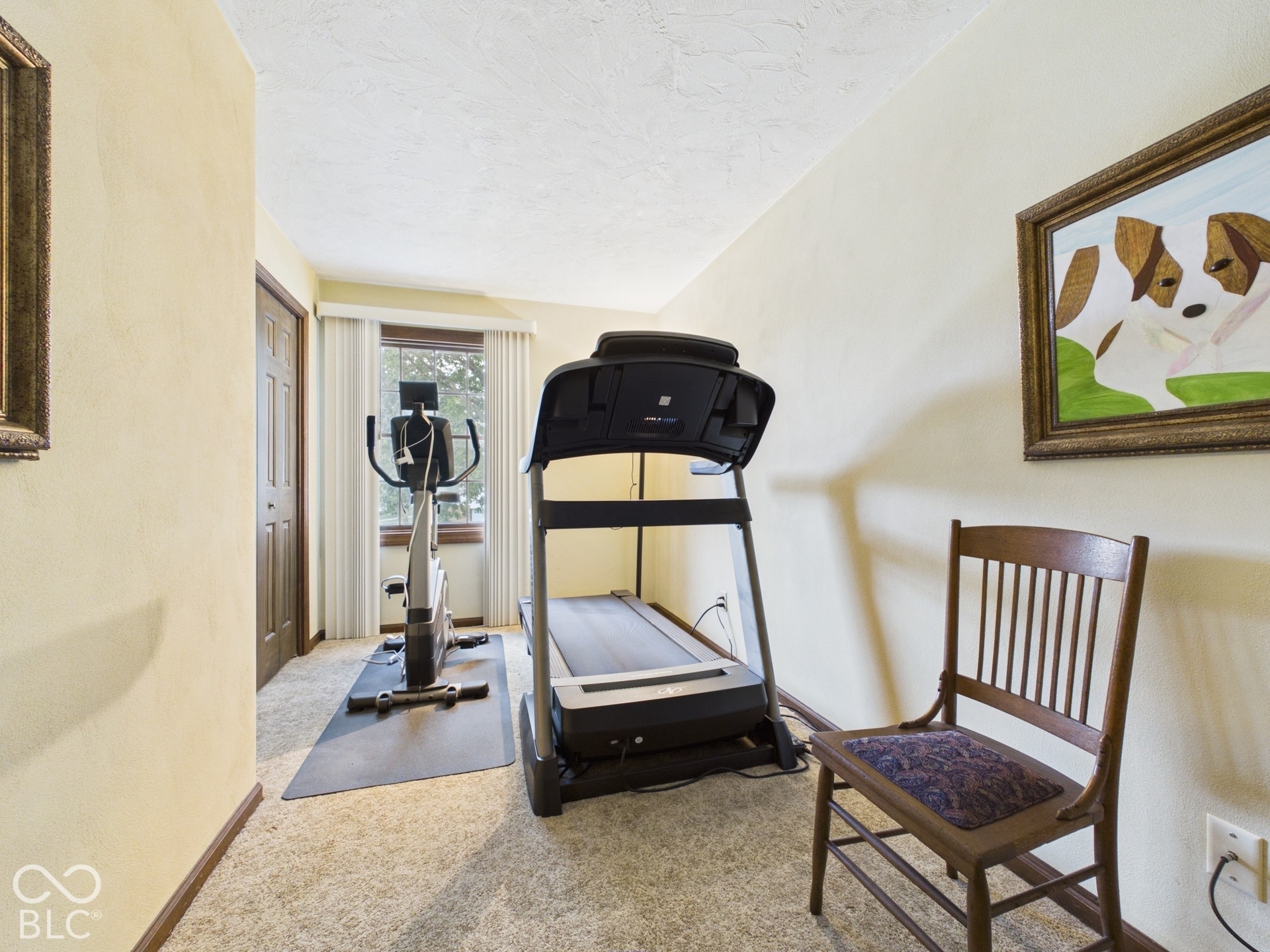 Carpeted room with a window, textured walls, and wood-finish trim