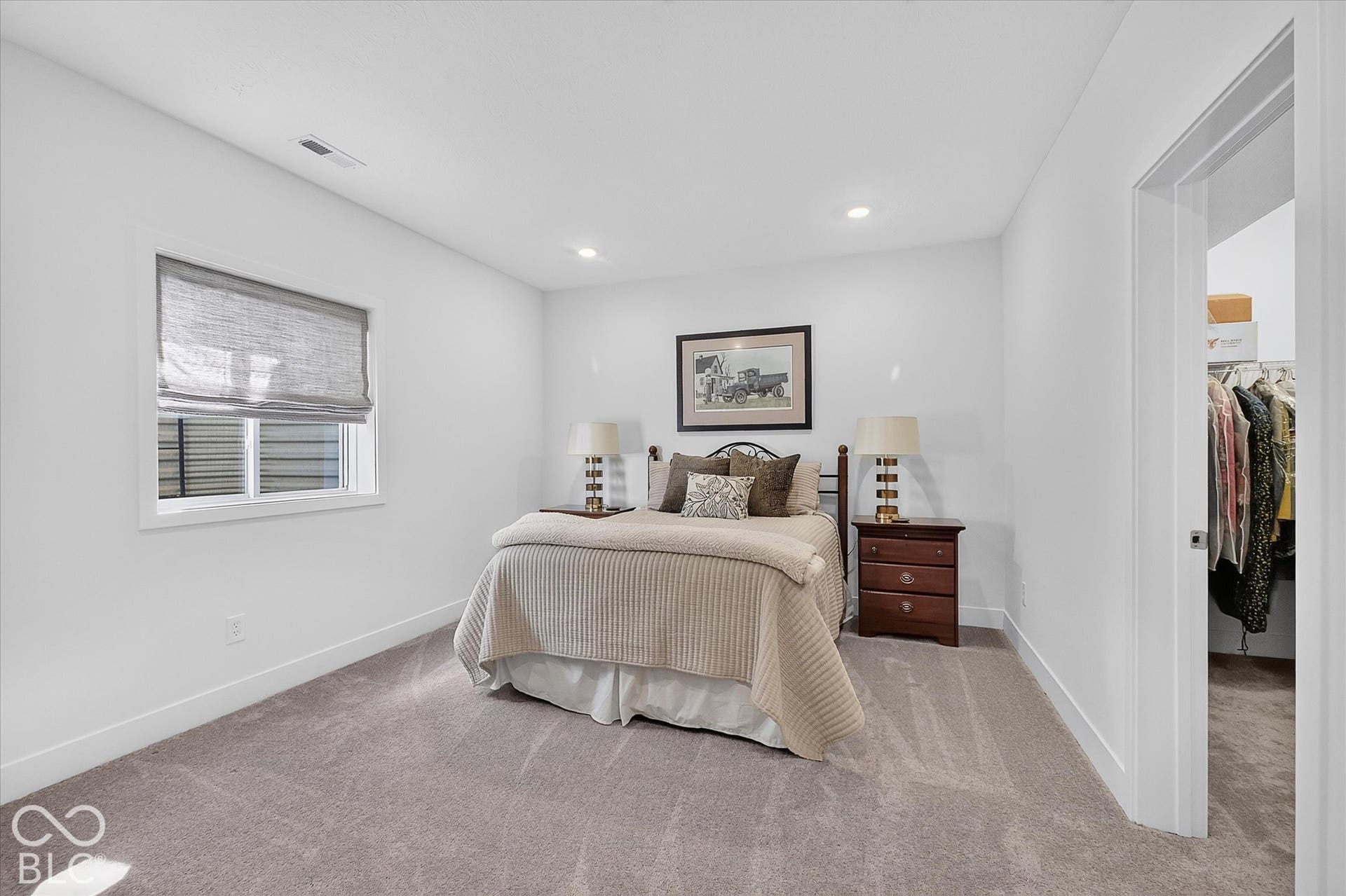 1405 Lake Haven Lane, Westfield, IN 46074 Recessed lighting, light gray carpeting, crisp white walls, and a dedicated closet space with built-in shelving