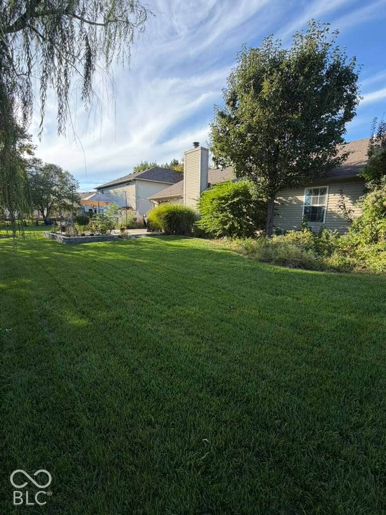 Expansive backyard featuring a large grass area, mature trees, and a stone patio