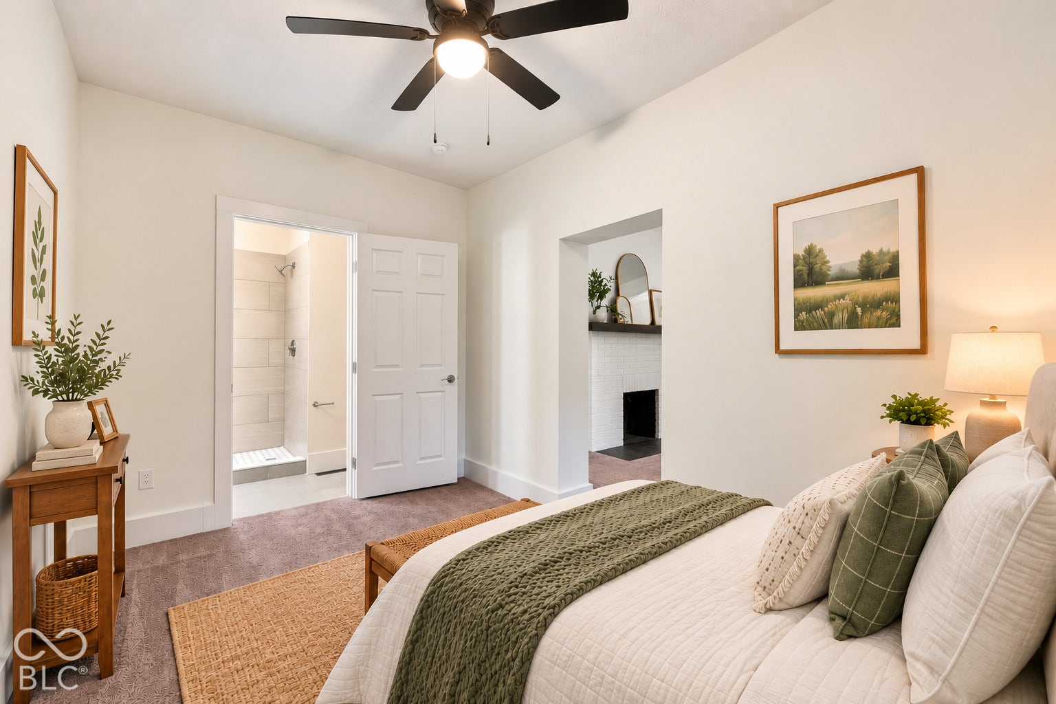 Virtually Altered - Room featuring wall-to-wall carpeting, a ceiling fan with integrated lighting, and a white six-panel door opening to a tiled shower stall