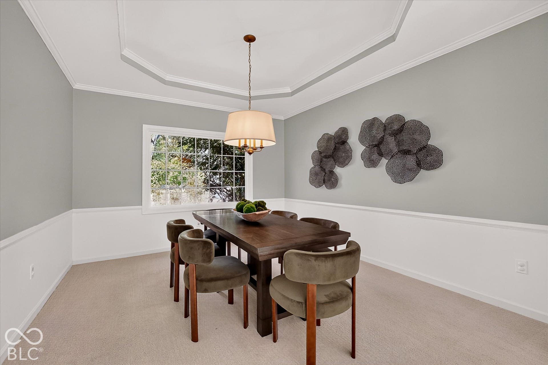 Tray ceiling with crown molding, wainscoting, and a window with grid pattern