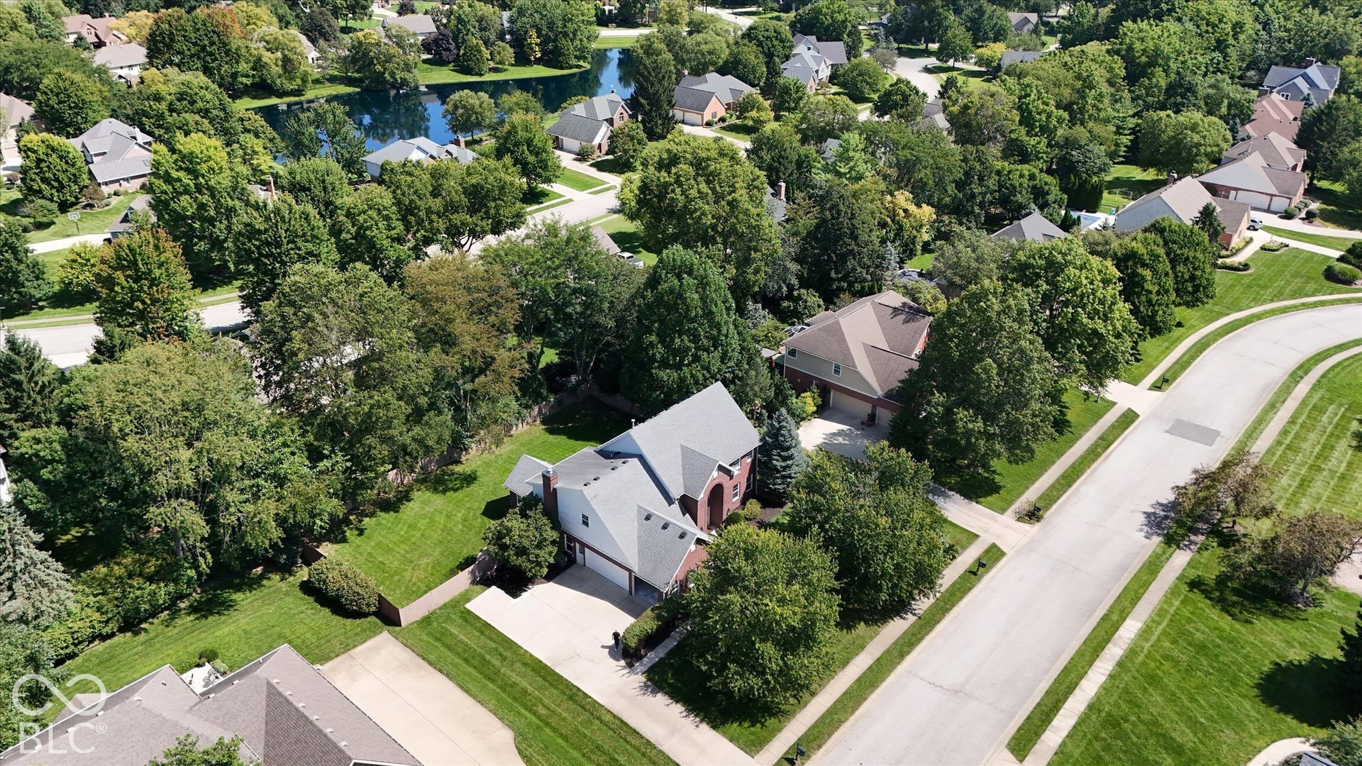 Expansive property with mature trees, a manicured lawn, and a paved driveway