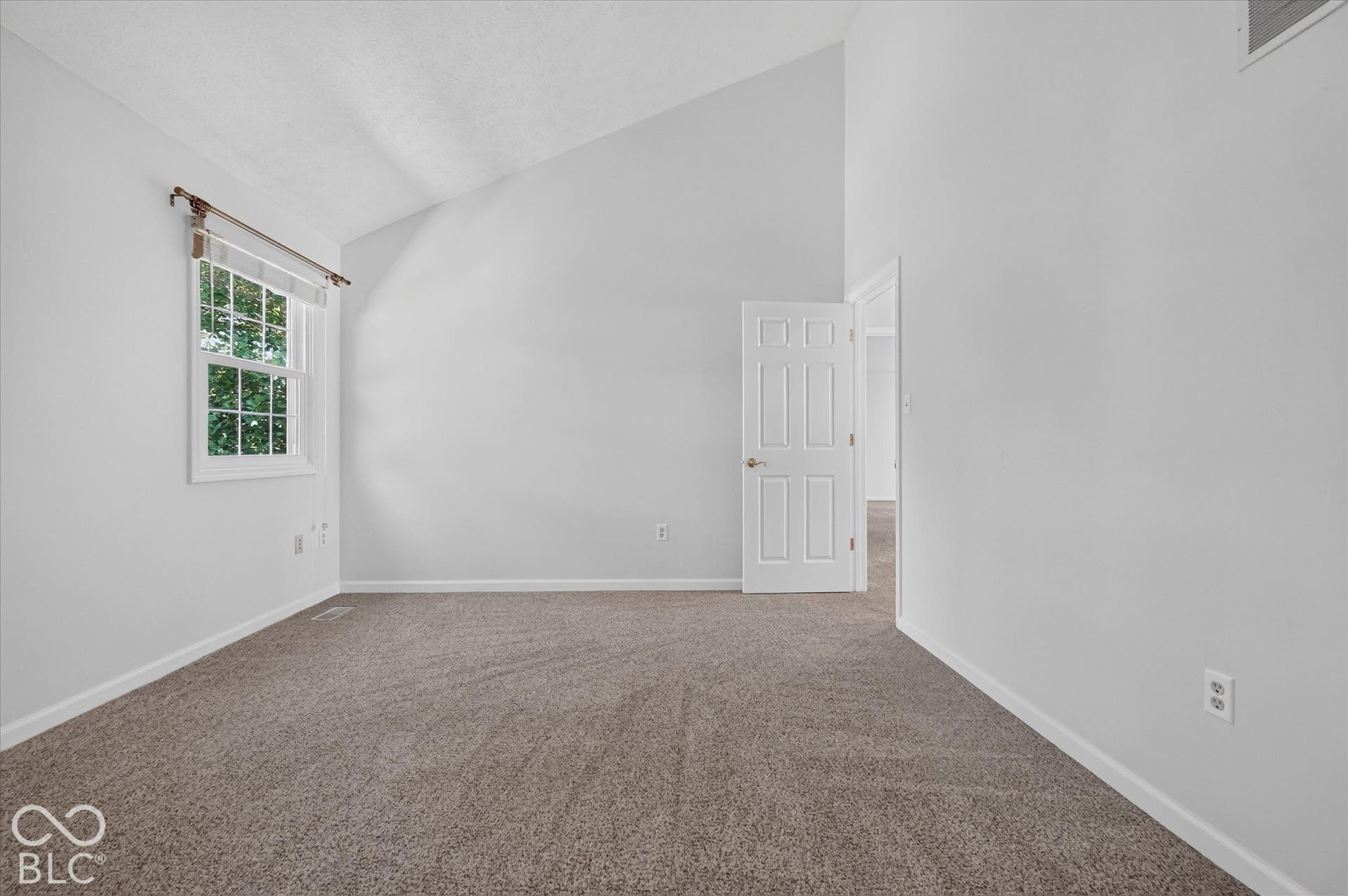 Vaulted ceiling, neutral wall paint, carpet flooring, paneled door, and a single window