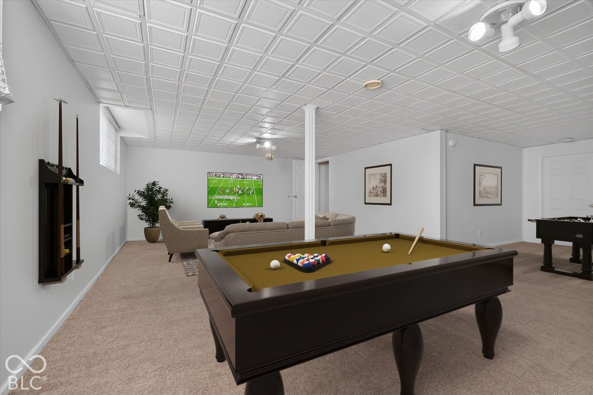 Virtually Altered - Carpeted floor with a white ceiling featuring a square tile pattern