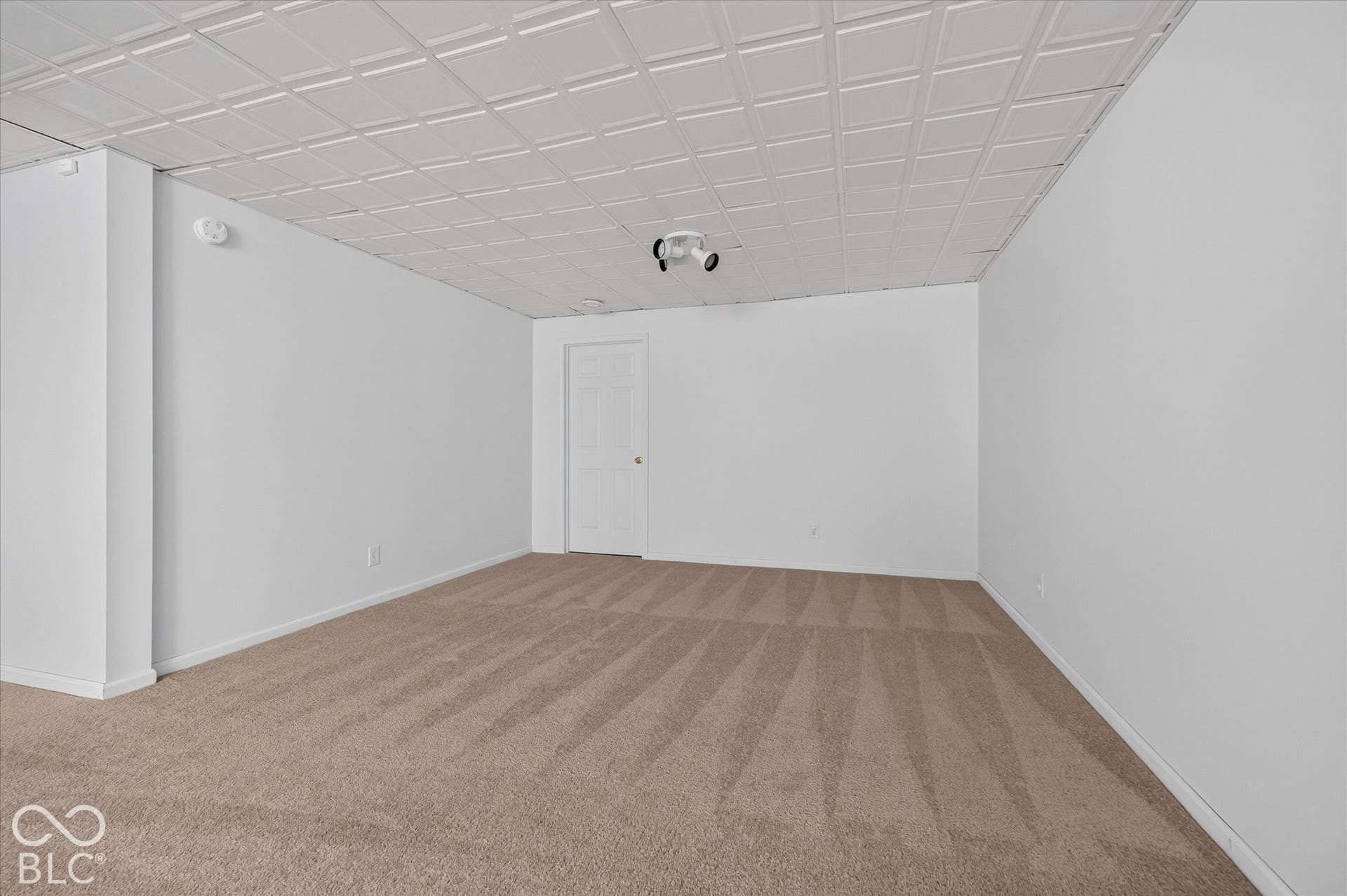 Recessed panel ceiling, neutral paint, and carpeted flooring