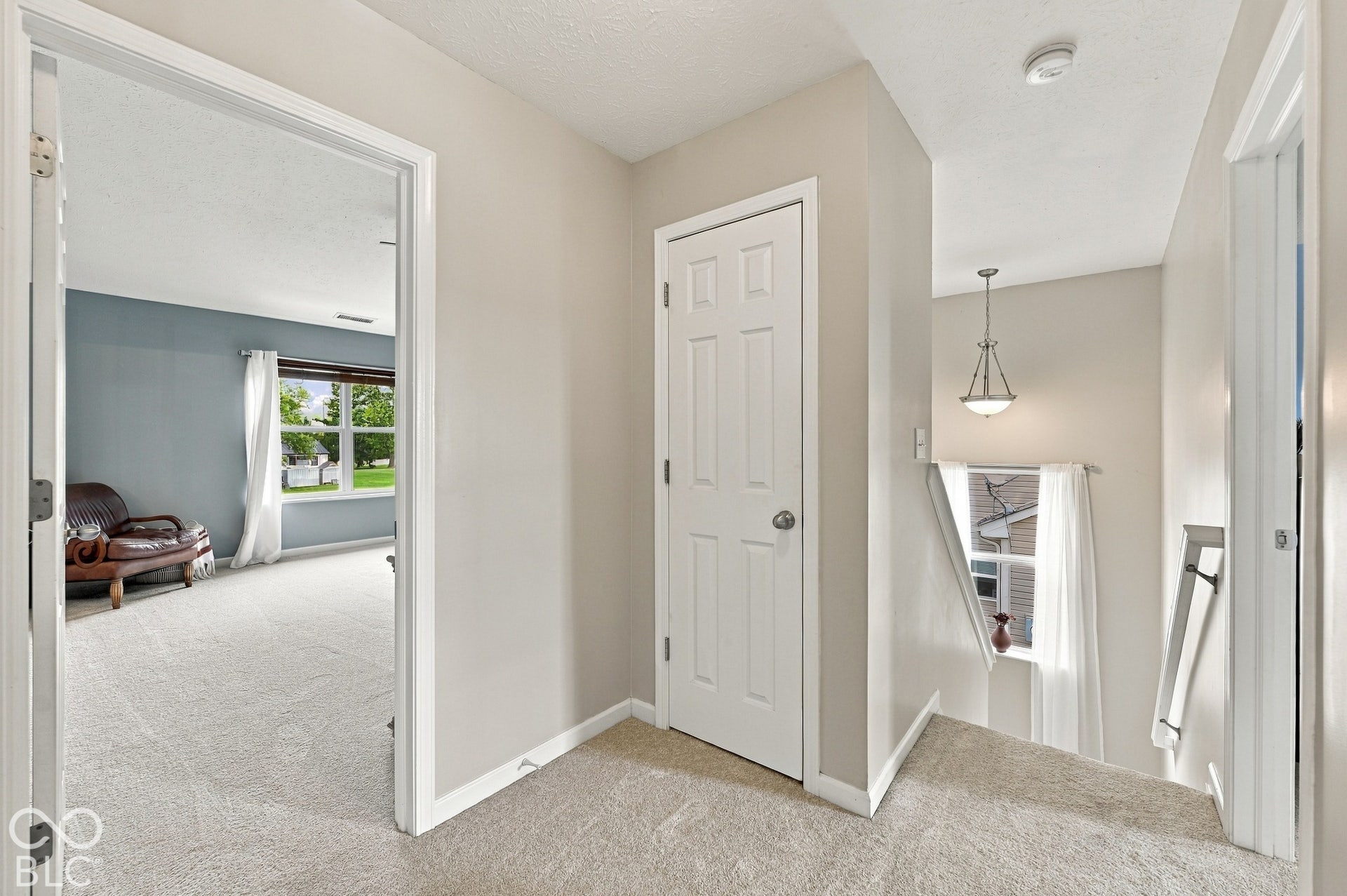 Carpeted hallway with a six-panel interior door, a pendant light fixture, and a window with white trim