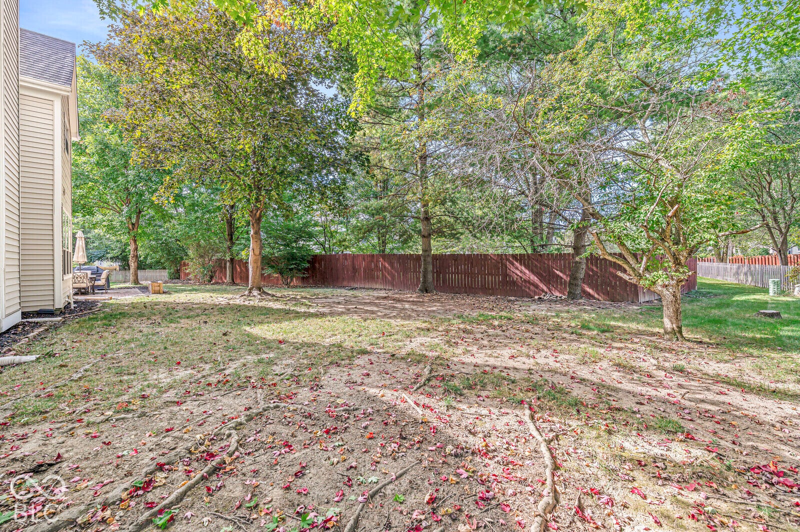 Private backyard featuring mature trees, a paver patio