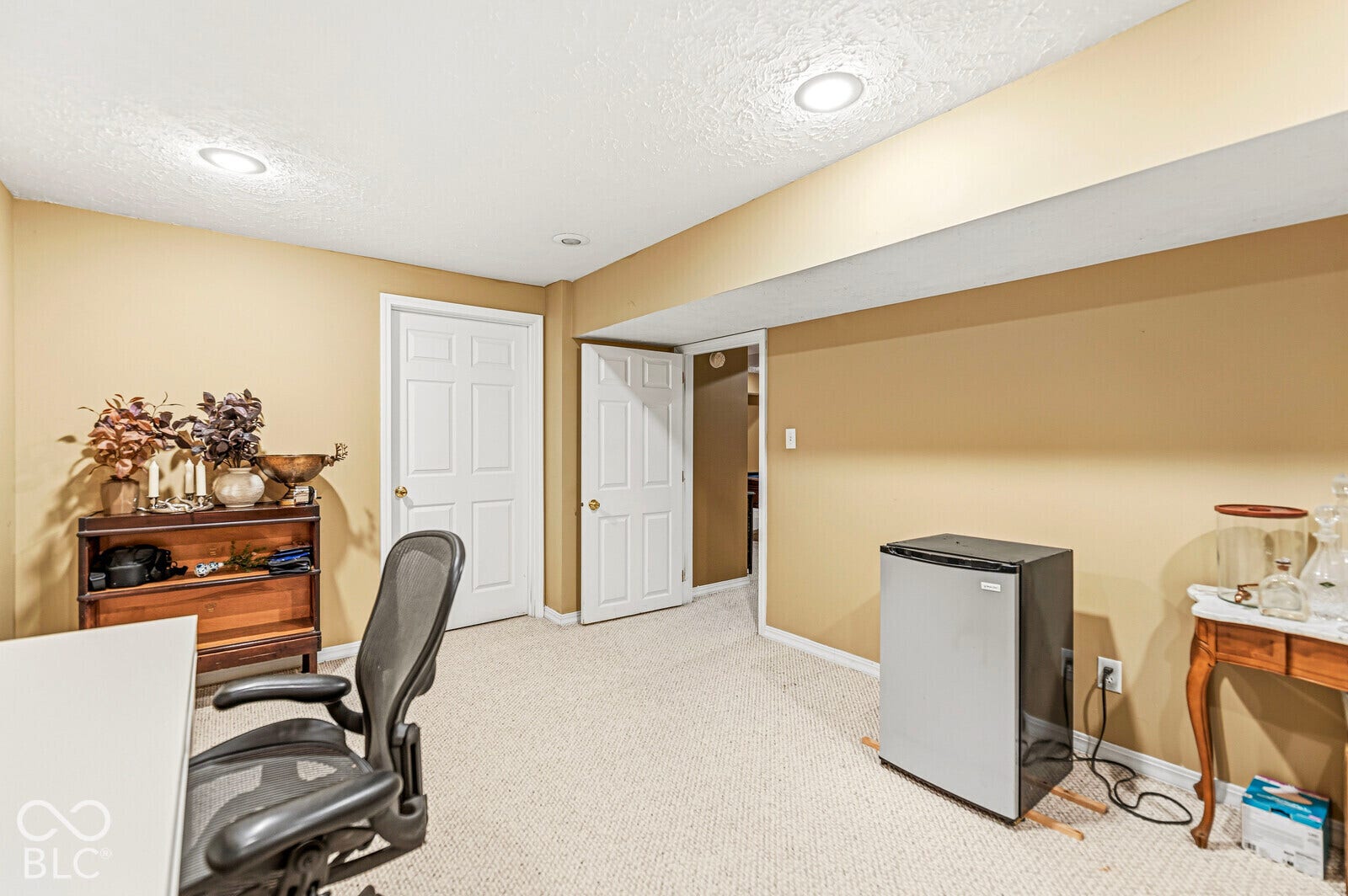Recessed lighting, light-toned carpeting, and multiple panel doors