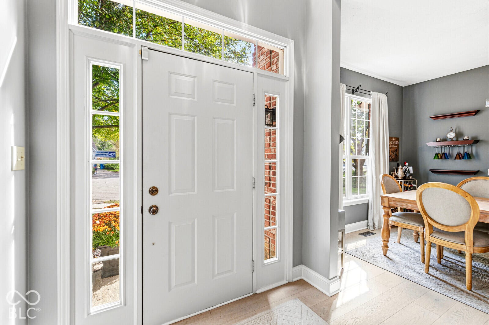 Entryway featuring a paneled door with transom and sidelight windows, wood-finish flooring, and white trim