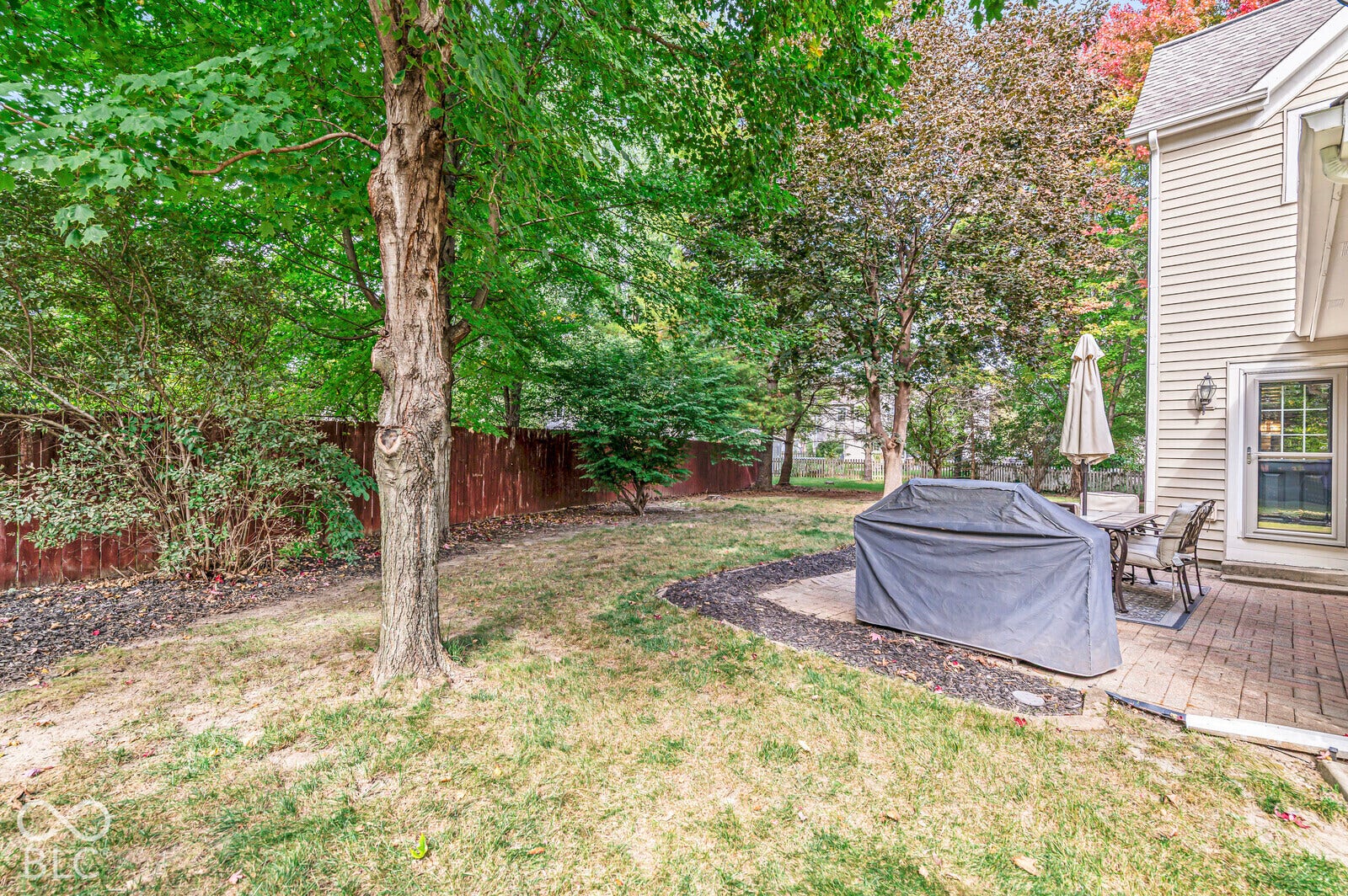 Expansive backyard featuring a stone paver patio, a partial privacy fence, and mature trees