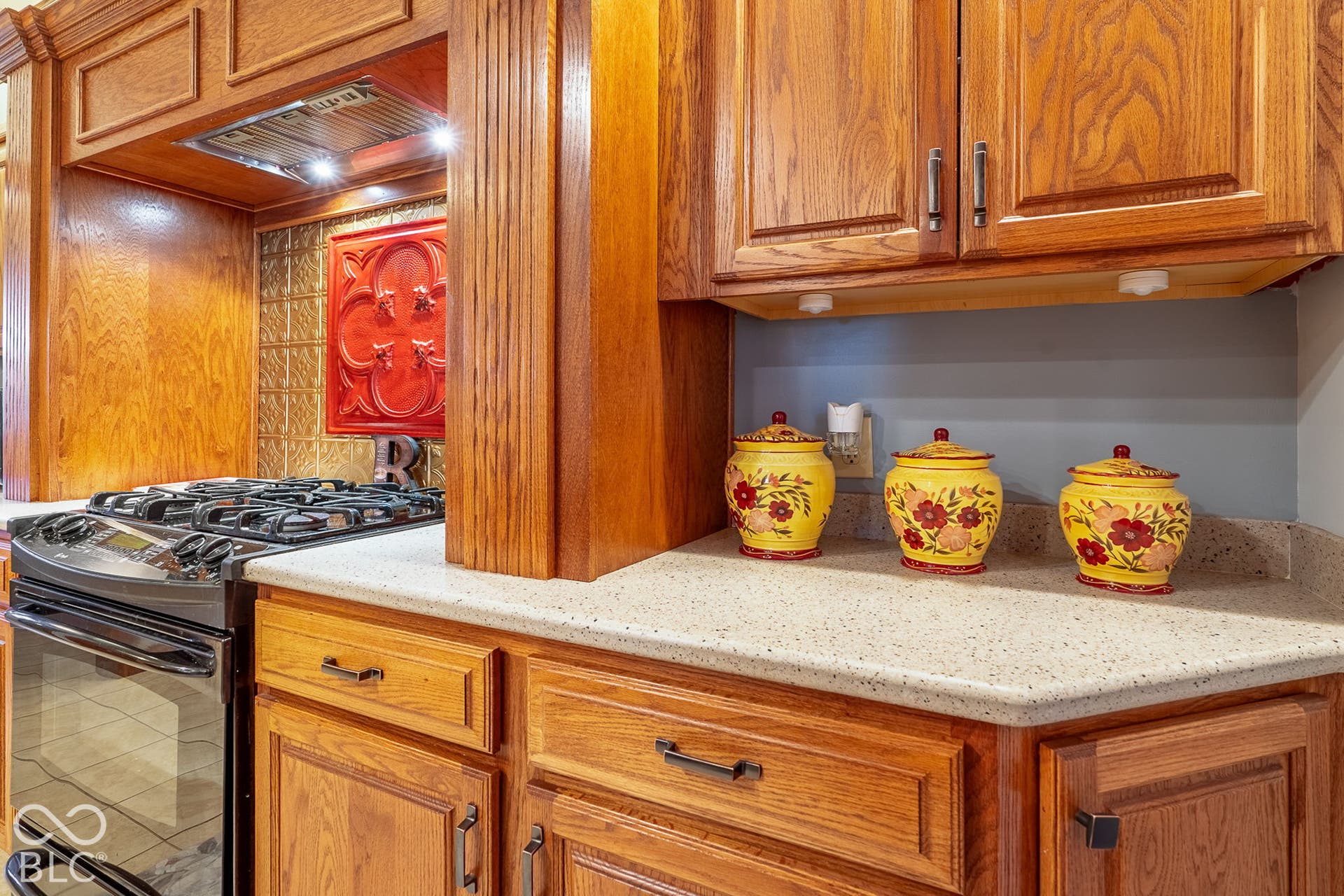 Wood cabinetry with panel detailing, light-toned countertops, and a built-in range