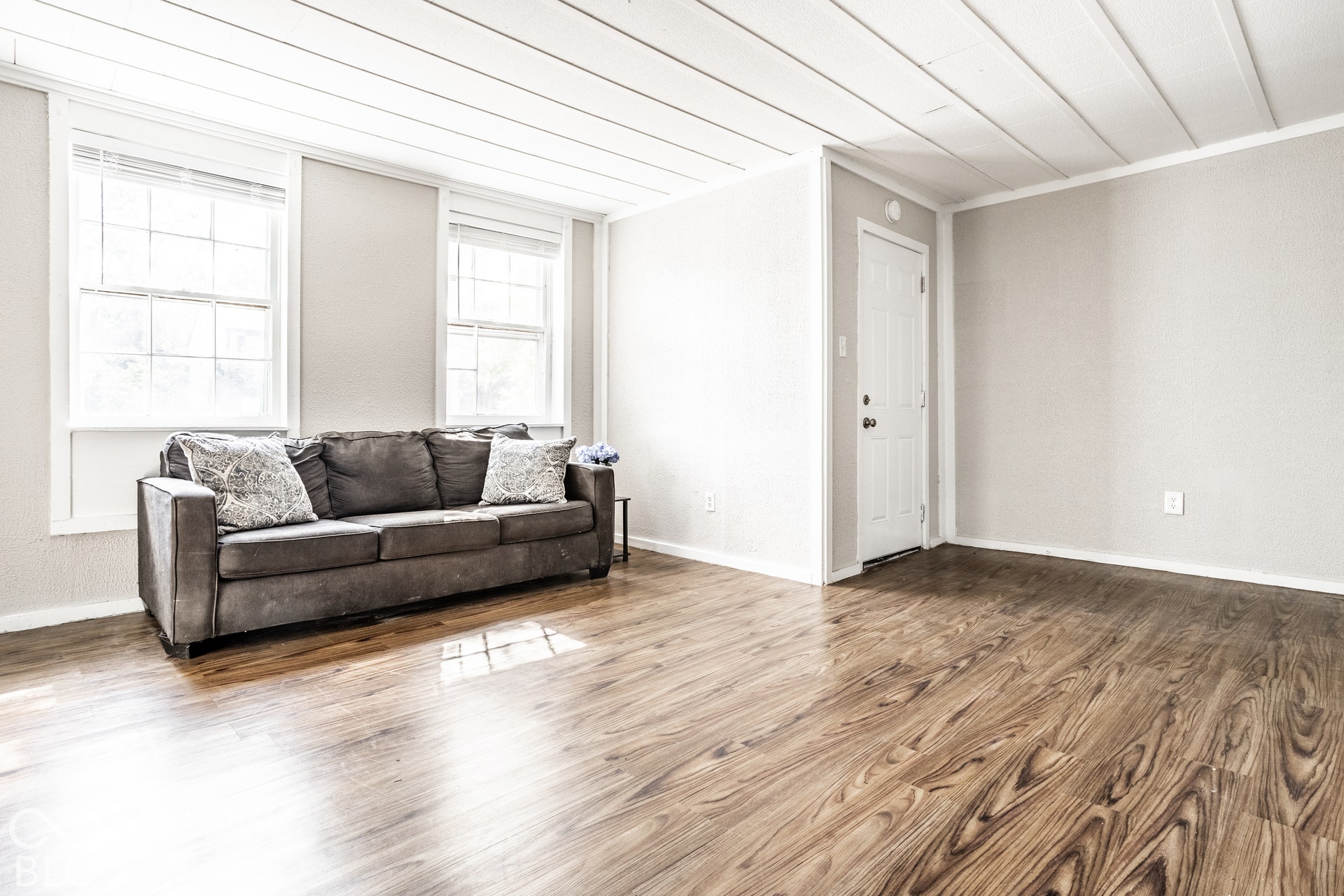 Wood-finish flooring throughout, two large windows with white trim, and a paneled ceiling