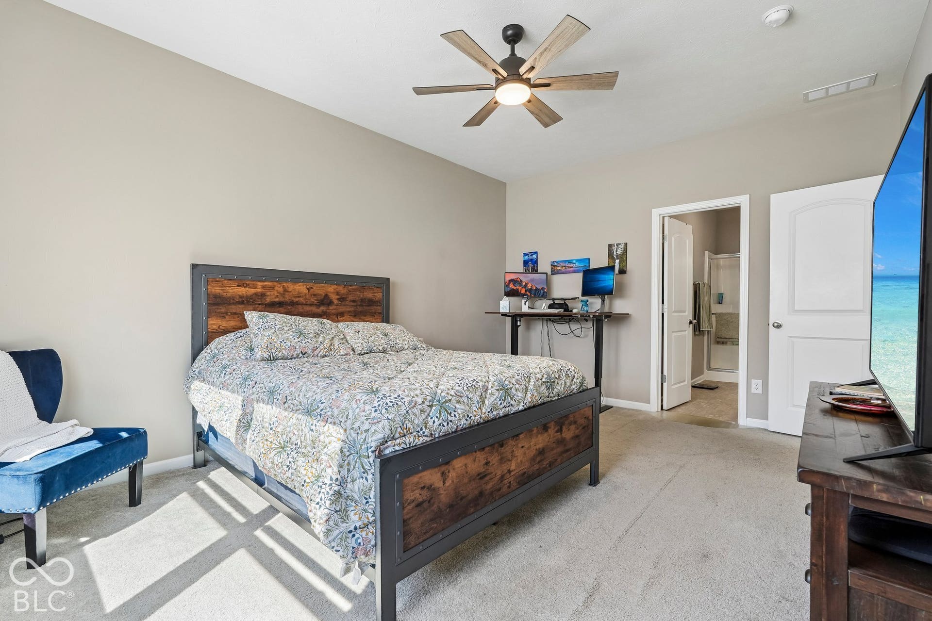 2945 W Calimanco Lane, Monrovia, IN 46157 Recessed lighting, ceiling fan, neutral wall color, and carpet flooring