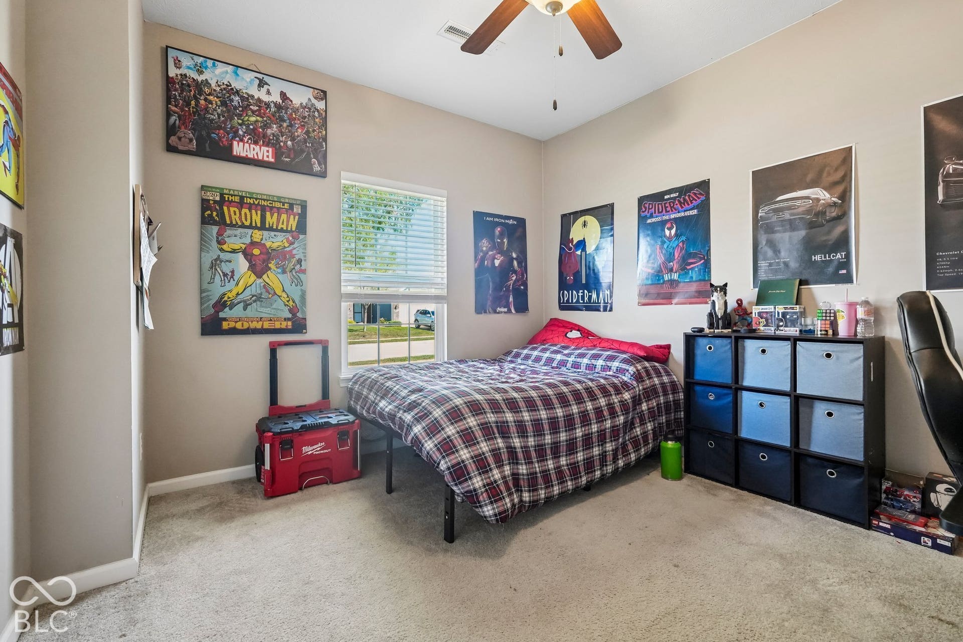 2945 W Calimanco Lane, Monrovia, IN 46157 Recessed window with blinds, ceiling fan with integrated lighting, wall-to-wall carpeting, and neutral wall paint