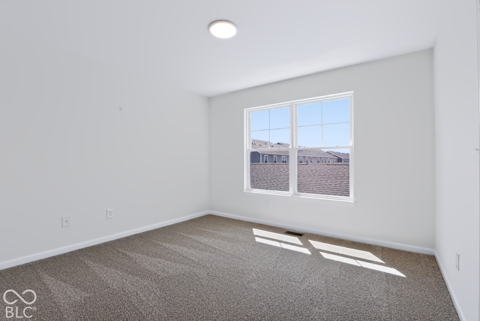 Neutral-toned carpeting, white walls, and a multi-pane window with white trim