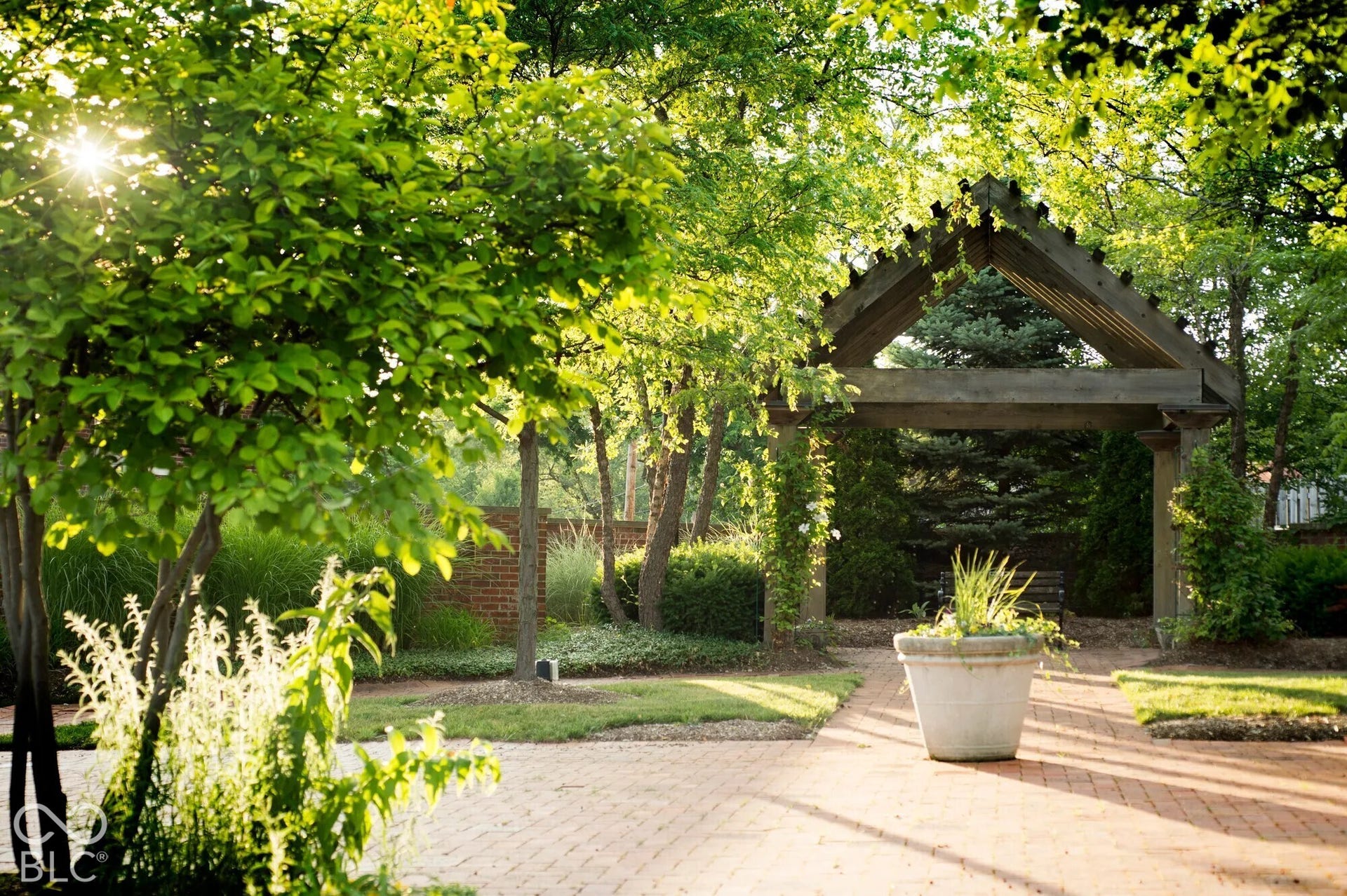 Brick paver walkway leading to a wooden pergola