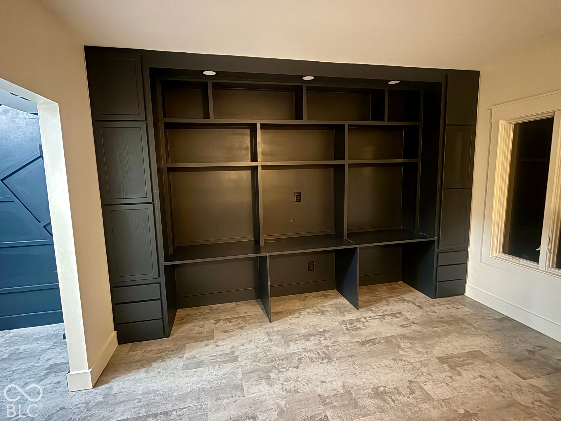 Custom built desk in basement living room