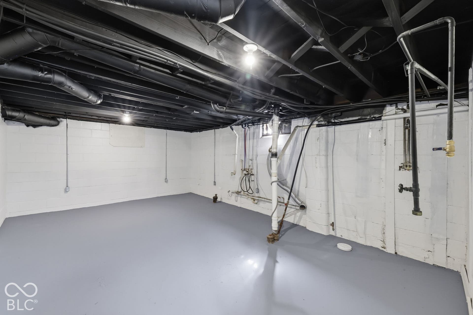 Spacious lower level with painted concrete flooring, painted cinder block walls, and exposed painted ceiling joists