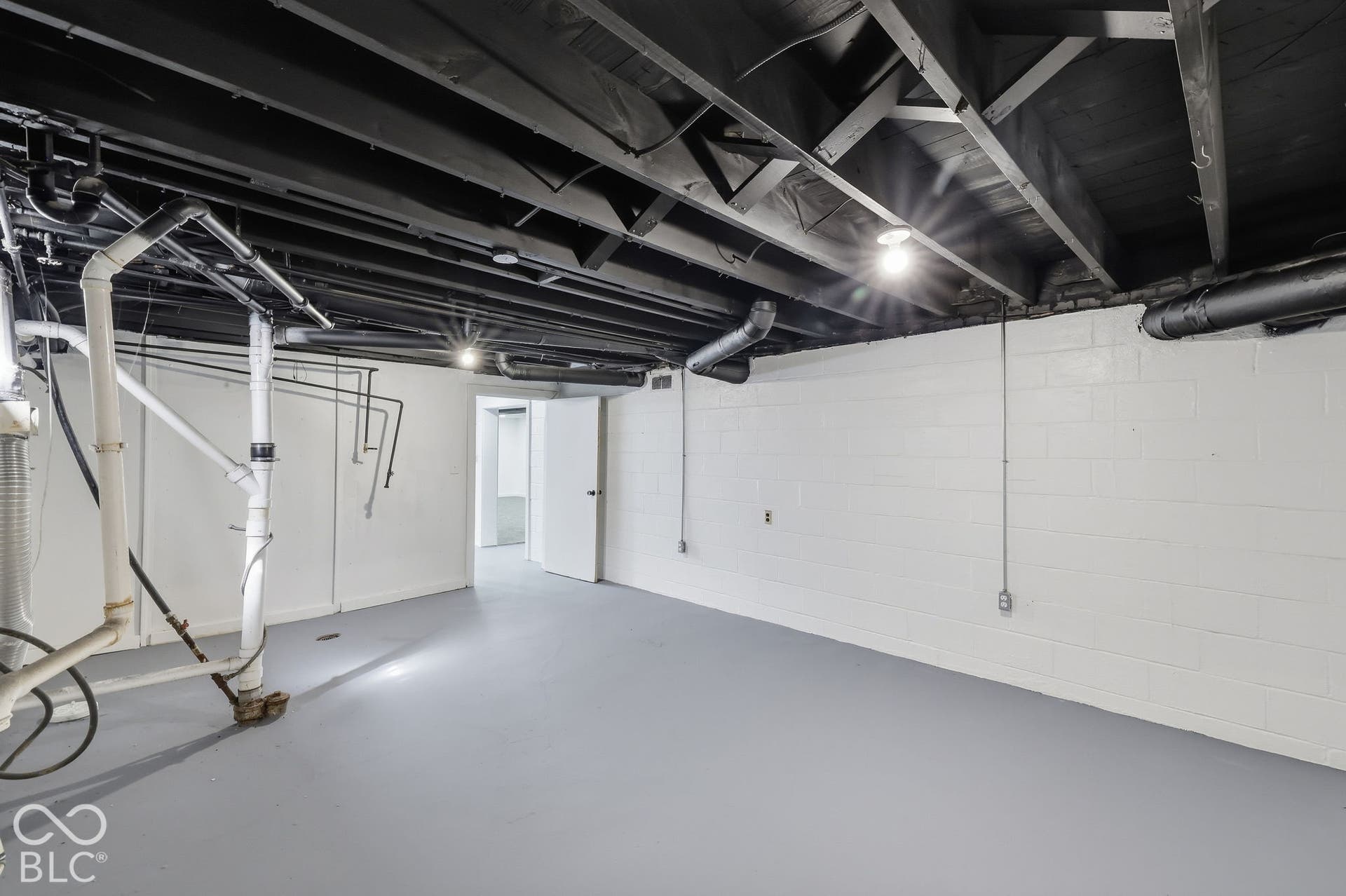 Painted concrete floor, exposed ceiling joists, overhead lighting, painted block walls, and an interior door
