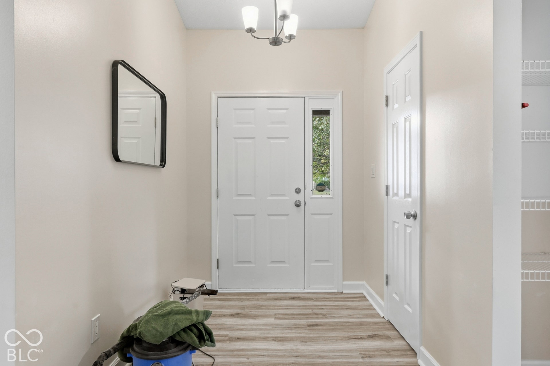 Entryway featuring wood-finish flooring, a paneled entry door with sidelight