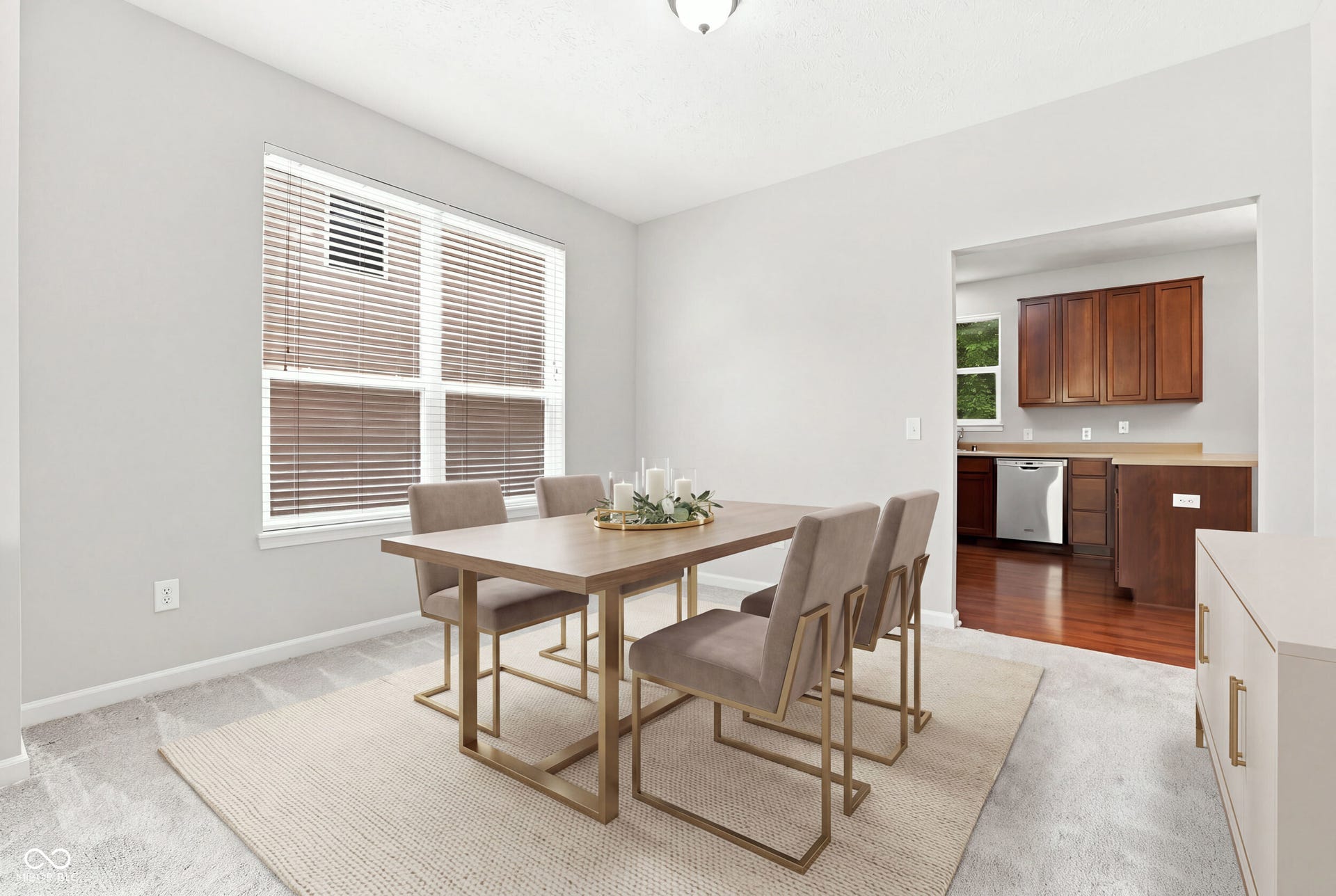 Virtually Altered - Bright dining area featuring carpet flooring and a large window