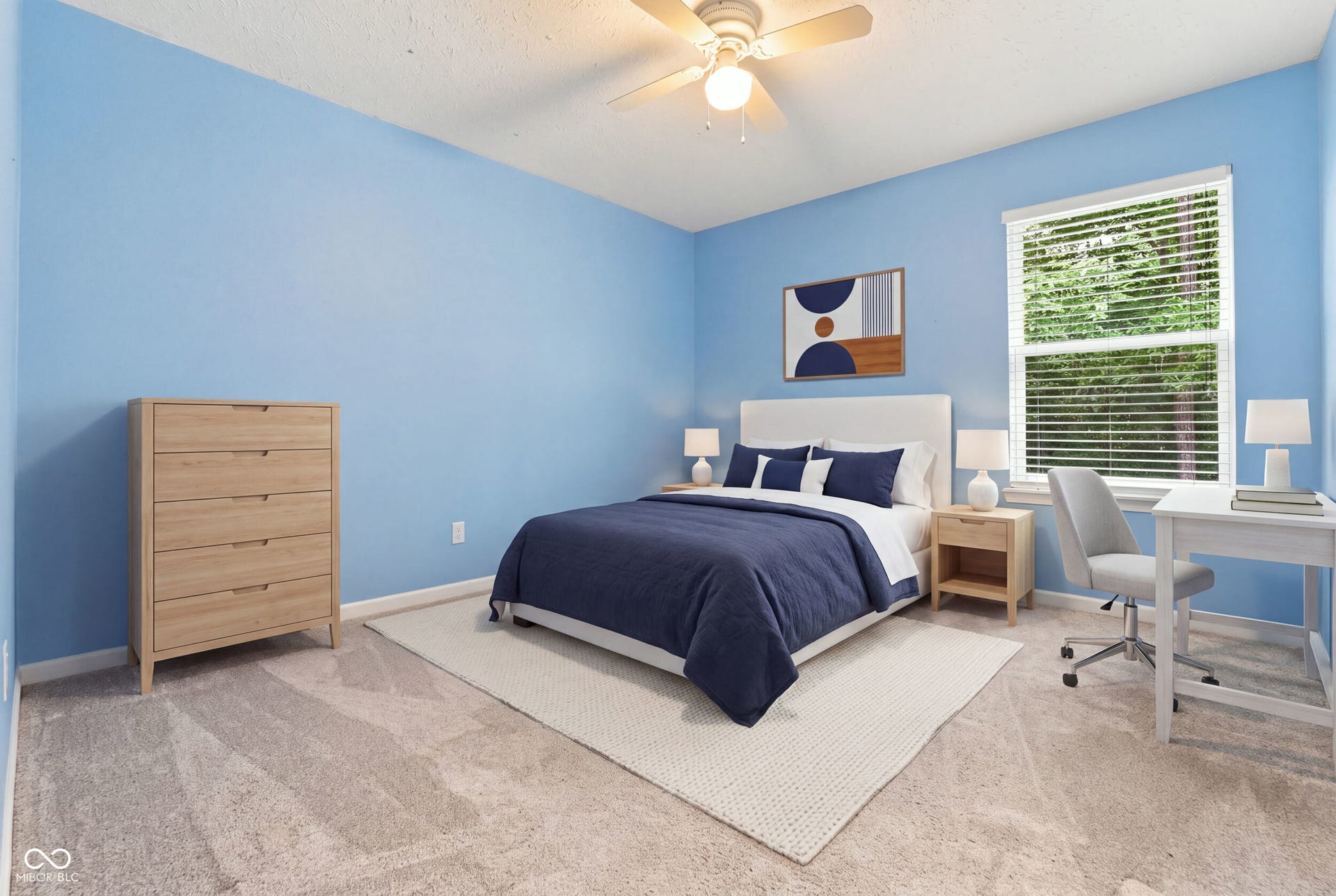 Virtually Altered - Recessed window with horizontal blinds, light-toned carpeting, and a ceiling fan with integrated lighting