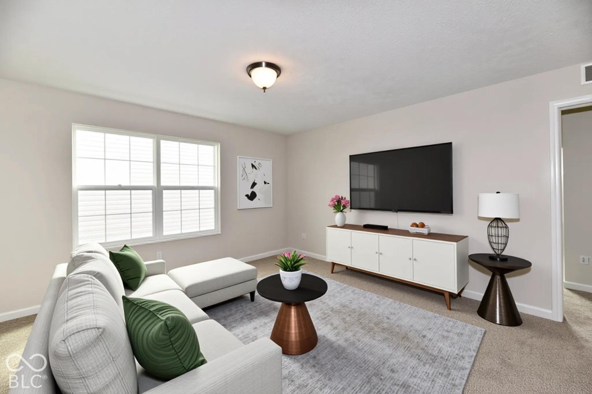 Virtually Altered - Recessed window with blinds, wall-mounted ceiling light fixture, and neutral wall paint