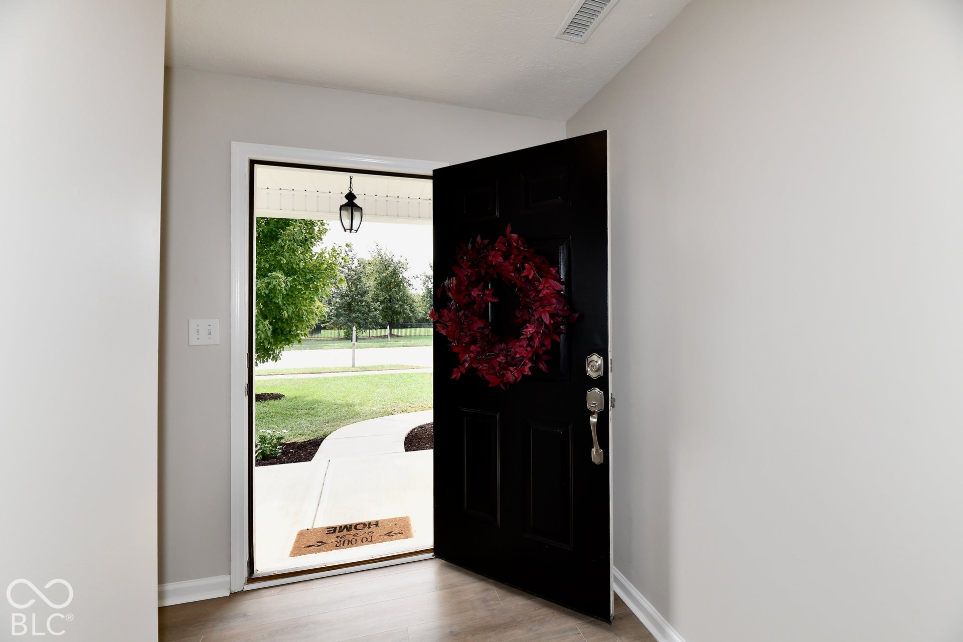 Black entry door with silver-tone hardware, wood-finish flooring, and white trim