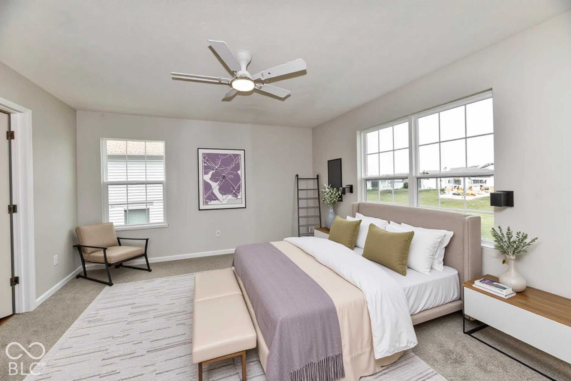 Virtually Altered - Recessed lighting, ceiling fan with integrated light, carpet flooring, multiple windows, and neutral wall paint