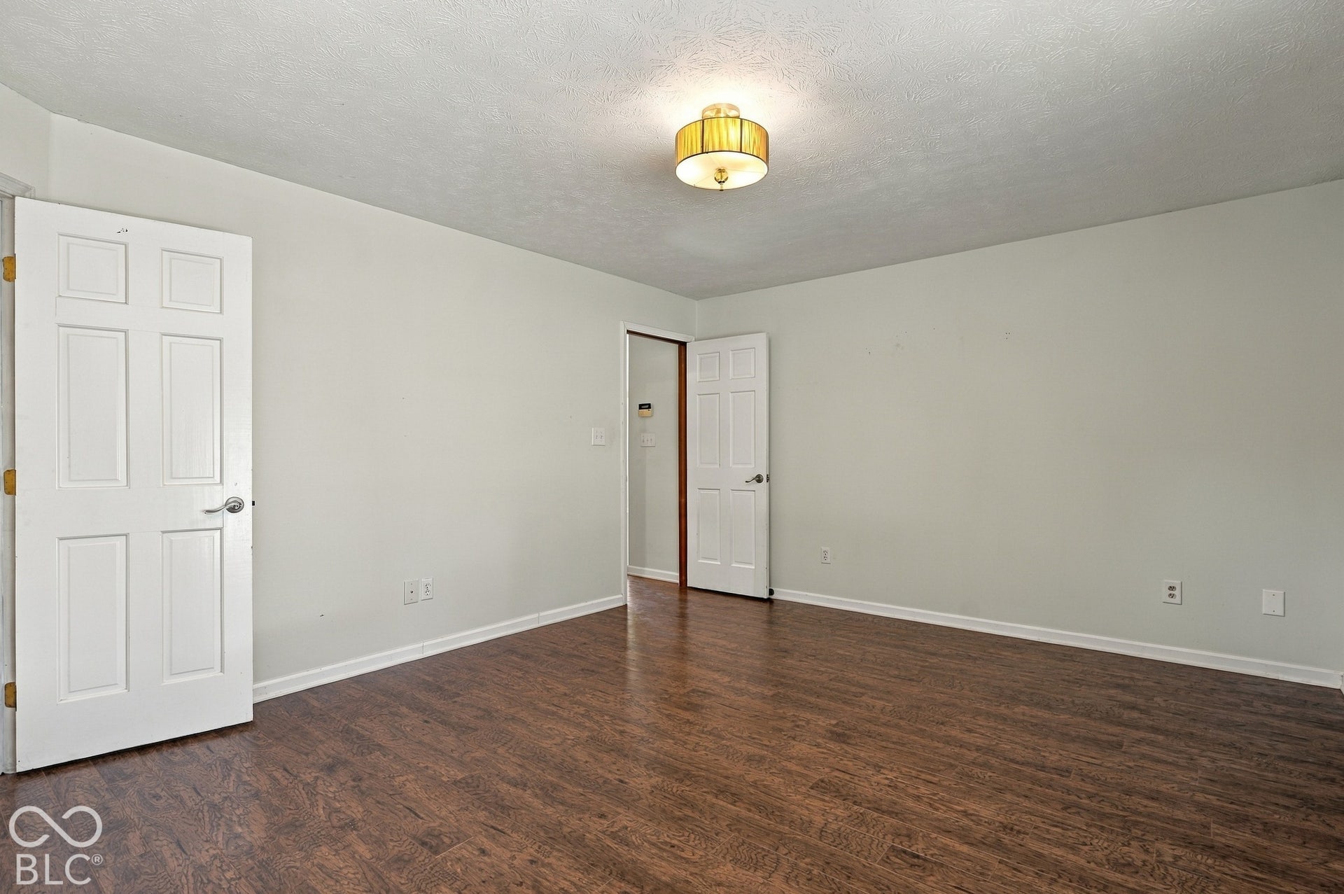 Wood-finish flooring, white paneled doors, ceiling-mounted light fixture, and light-colored wall paint