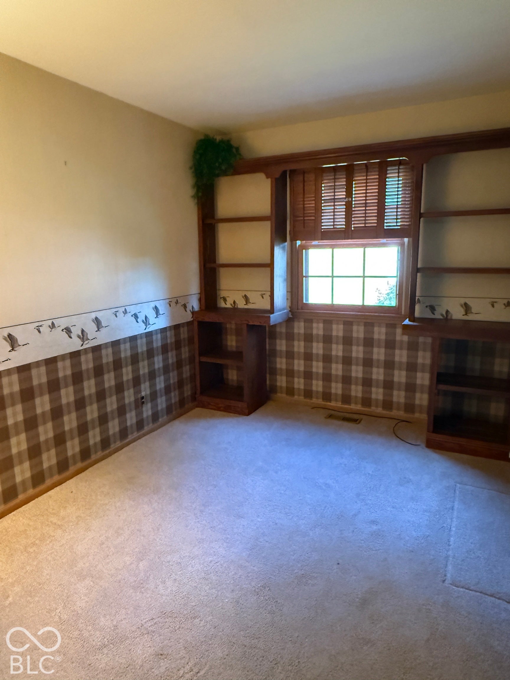 Built-in wood shelving units, window with wood blinds, and carpeted flooring