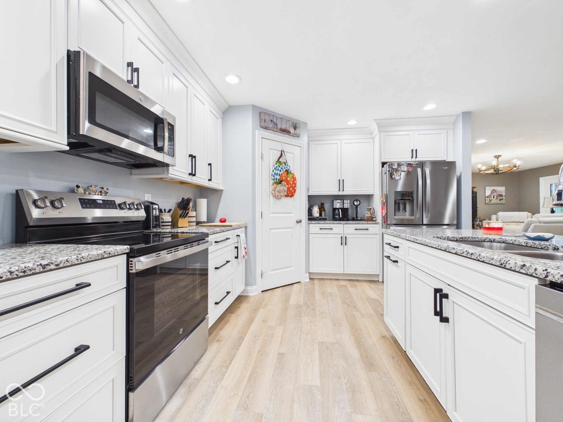 White cabinetry with matte black hardware, stainless steel appliances, light wood-finish flooring, recessed lighting, and speckled countertops