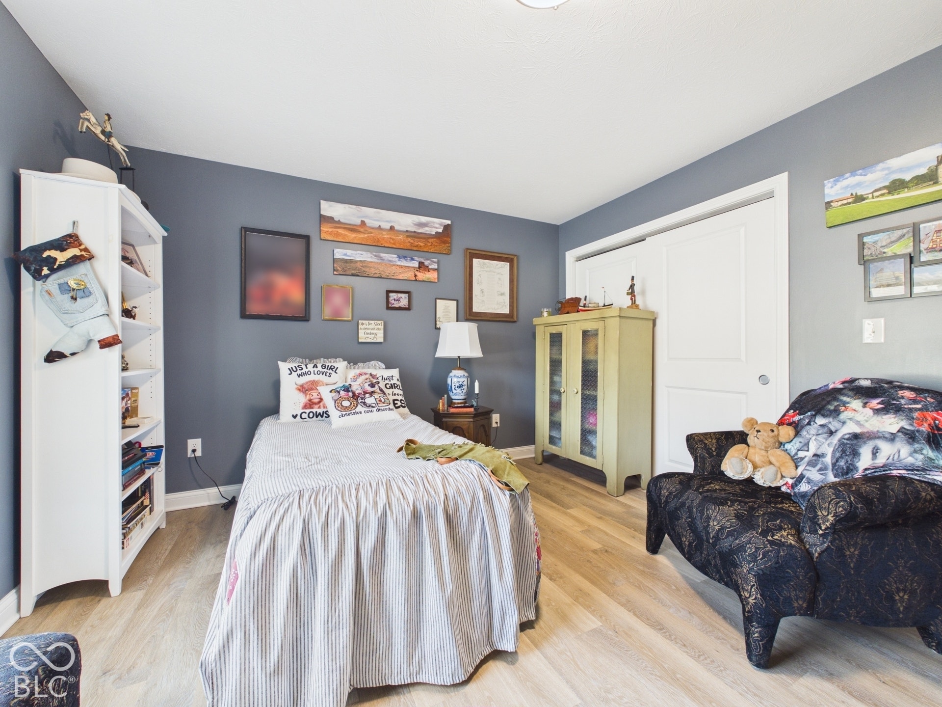 Light wood-finish flooring, white built-in shelving, white bi-fold closet doors, and painted walls