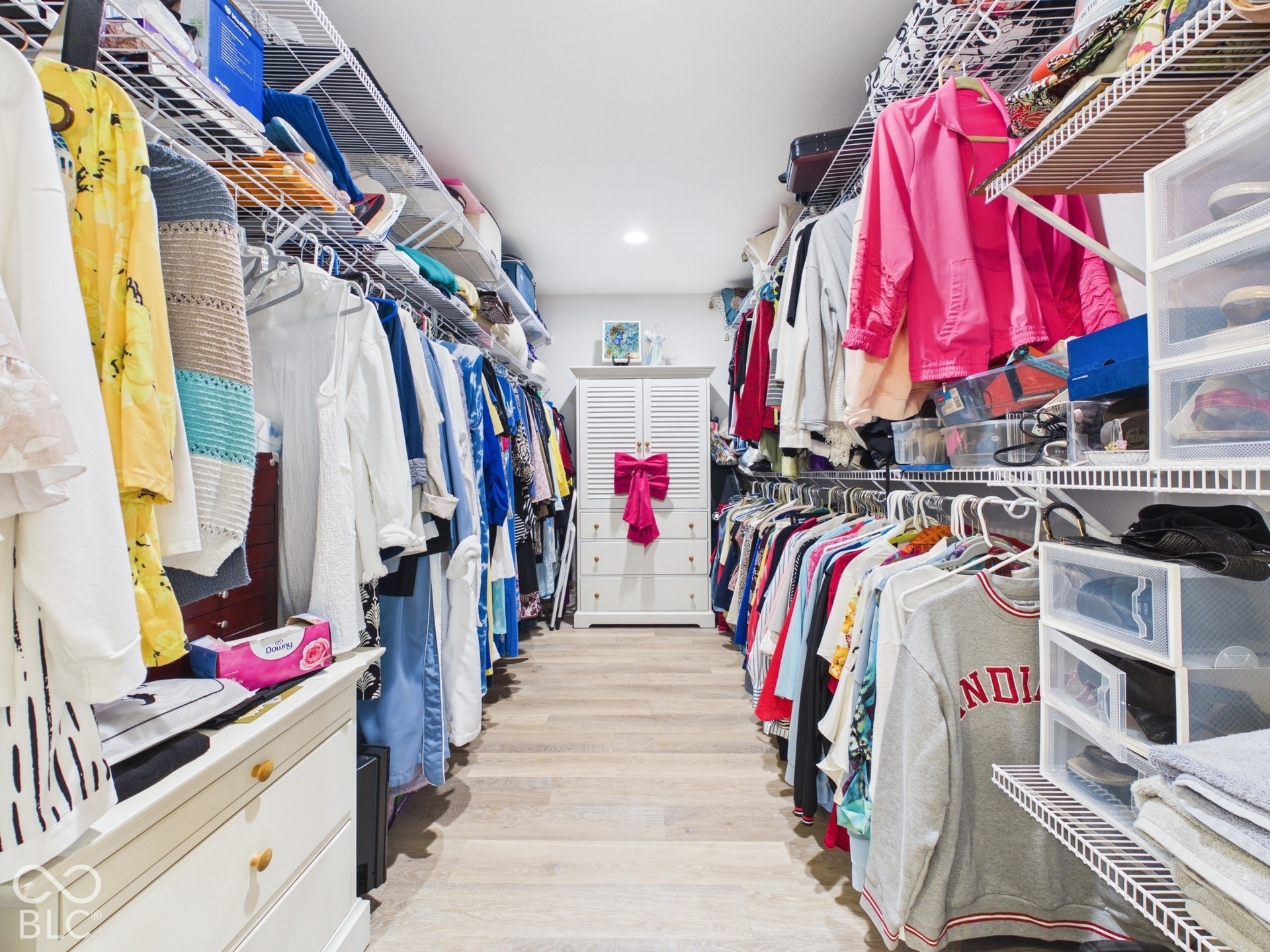 Walk-in closet featuring light wood-finish flooring, white walls, and built-in wire shelving