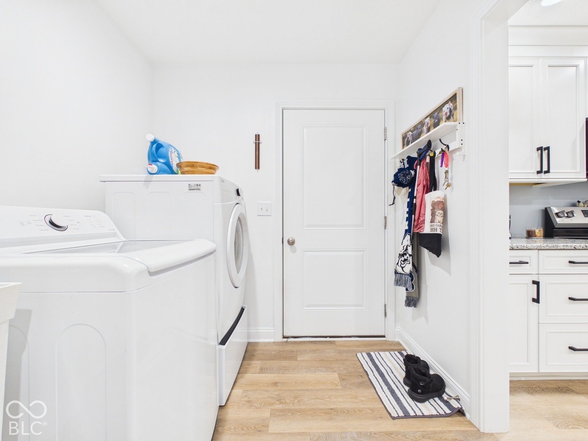 Laundry area with wood-finish flooring