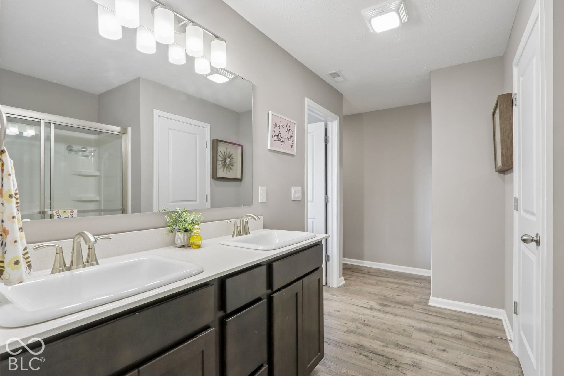 Dual vanity with dark cabinetry and brushed nickel fixtures