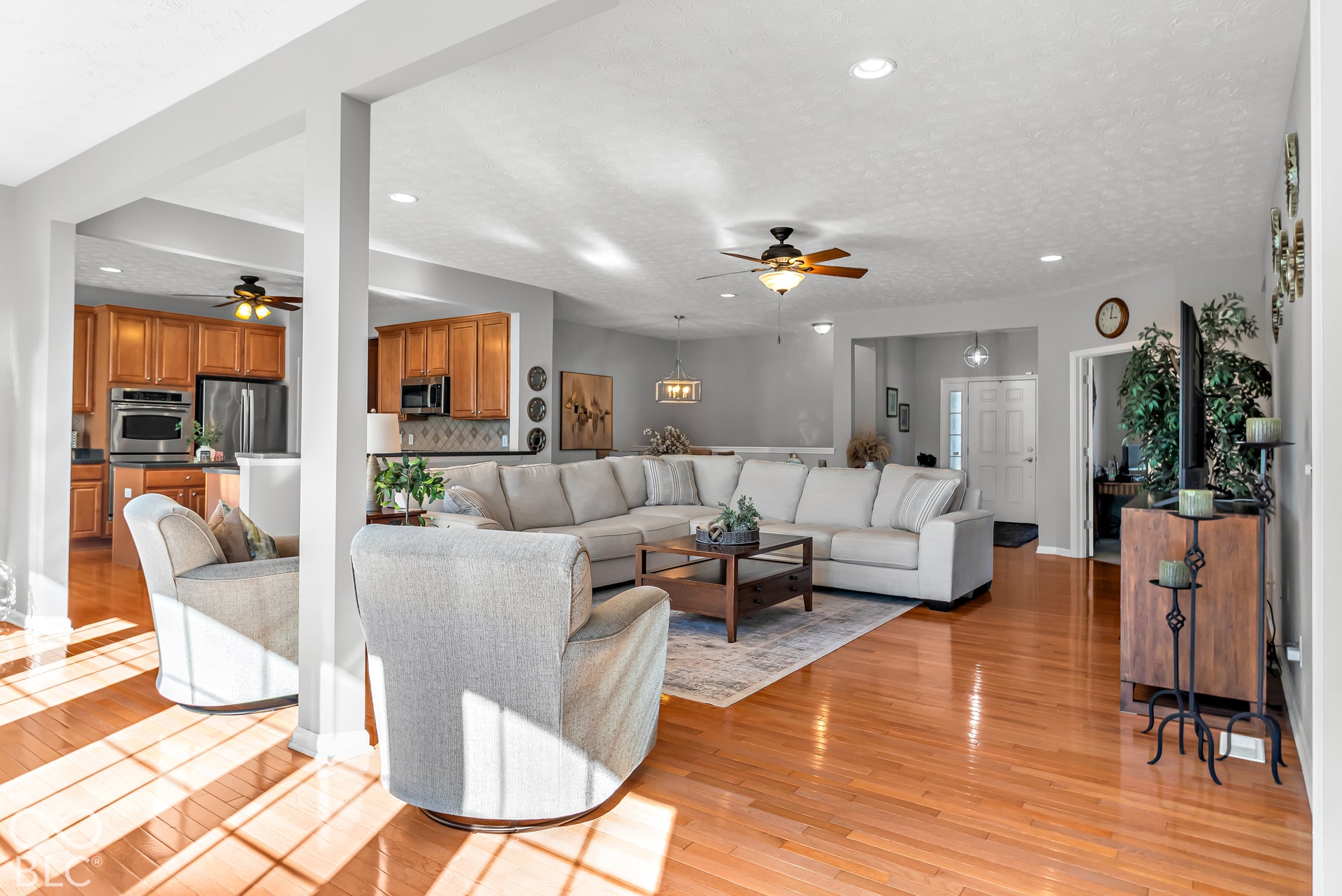 Your view from the sunroom expands from the living room to the kitchen.