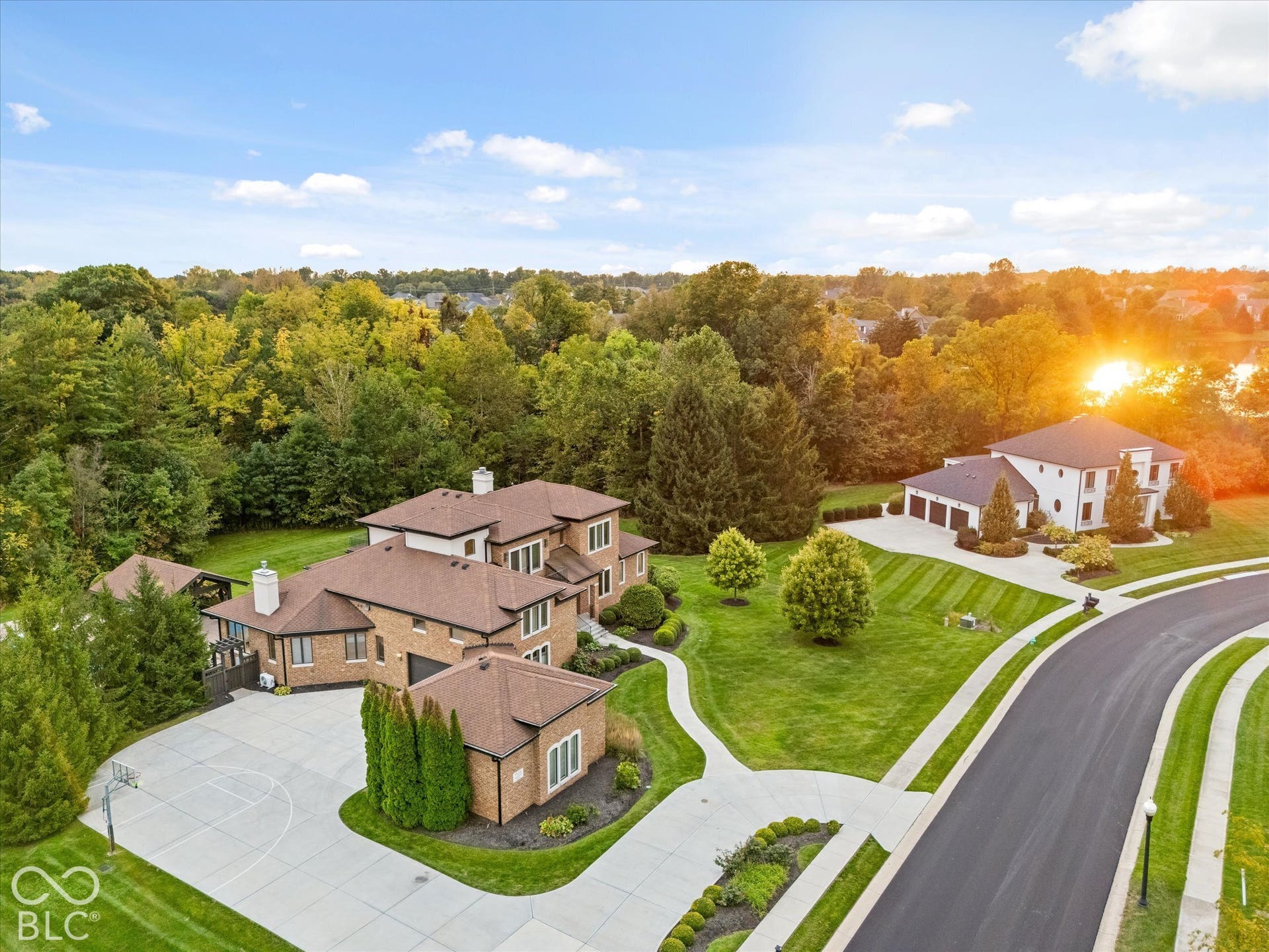 Brick exterior residence featuring a spacious concrete driveway, mature landscaping, and a three-car garage