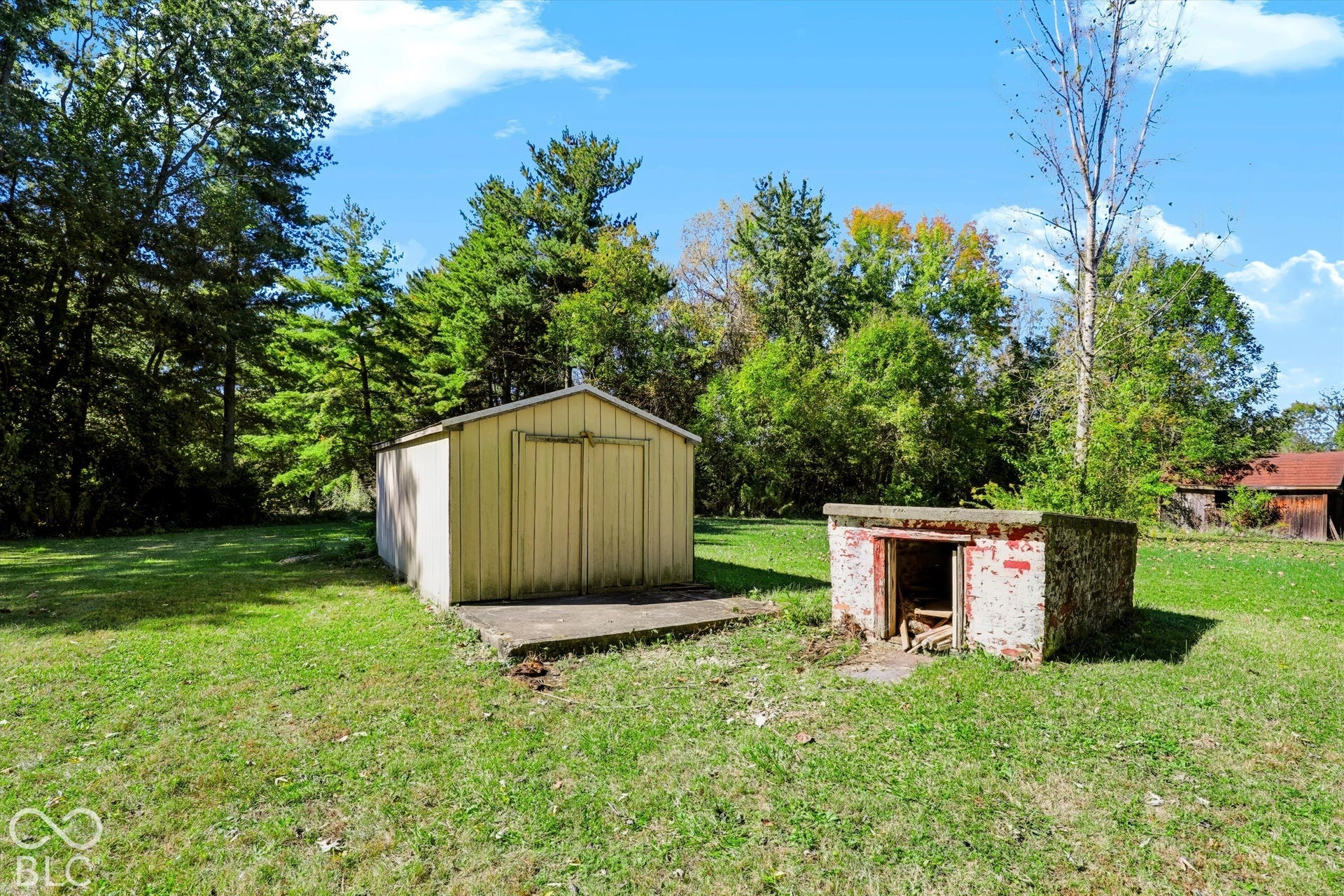 Spacious lawn area with a detached storage shed on a concrete pad